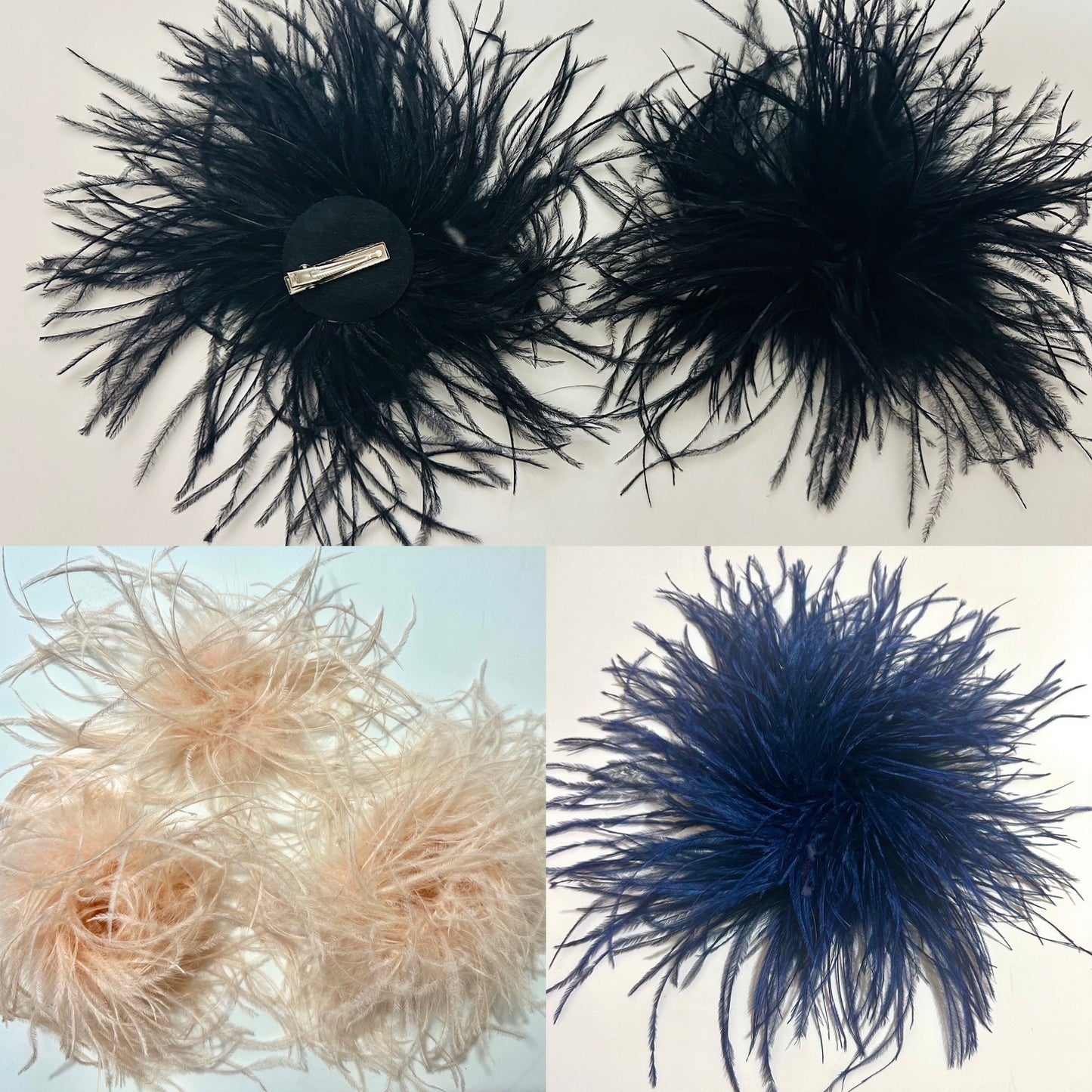 Ostrich Feather Brooch Pin, Wrist Band Feather Cuffs, Feather Shoe Clips, All colors Navy Feather, Black,Red Green, Beige, Blush, All ply's