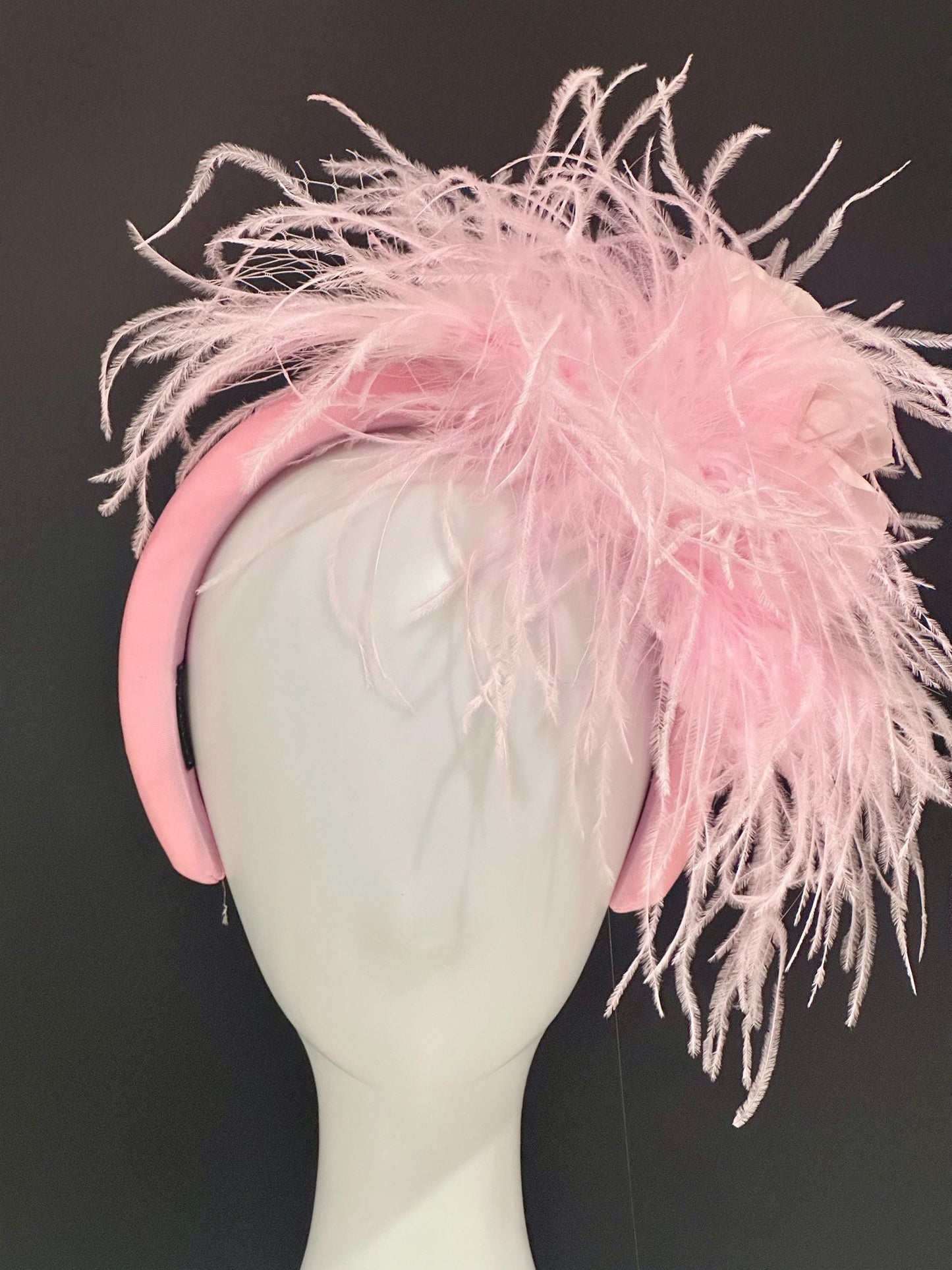 Pink Dusty Rose Feather Fascinator Headband, Church Wedding Headband Pink Light Pink Feather Headband,Bridal Veil Feather Padded Headband