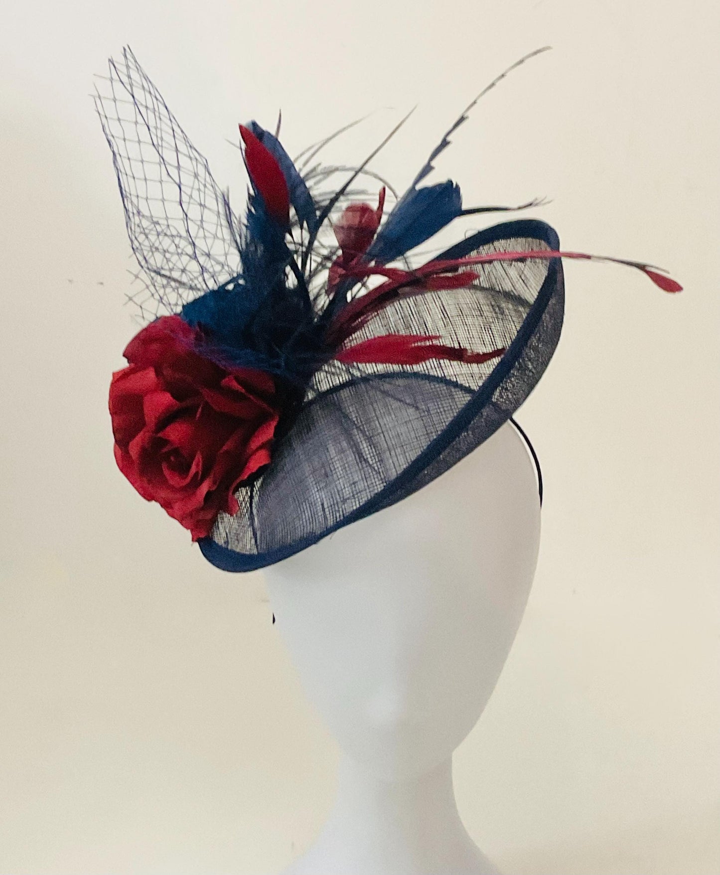 Navy Blue Fascinator Hat, Burgundy Wine Blue Fascinator Hat,Wedding Fascinate Hat, Blue Burgundy Red Feather Hat, Church Wedding Derby Hat