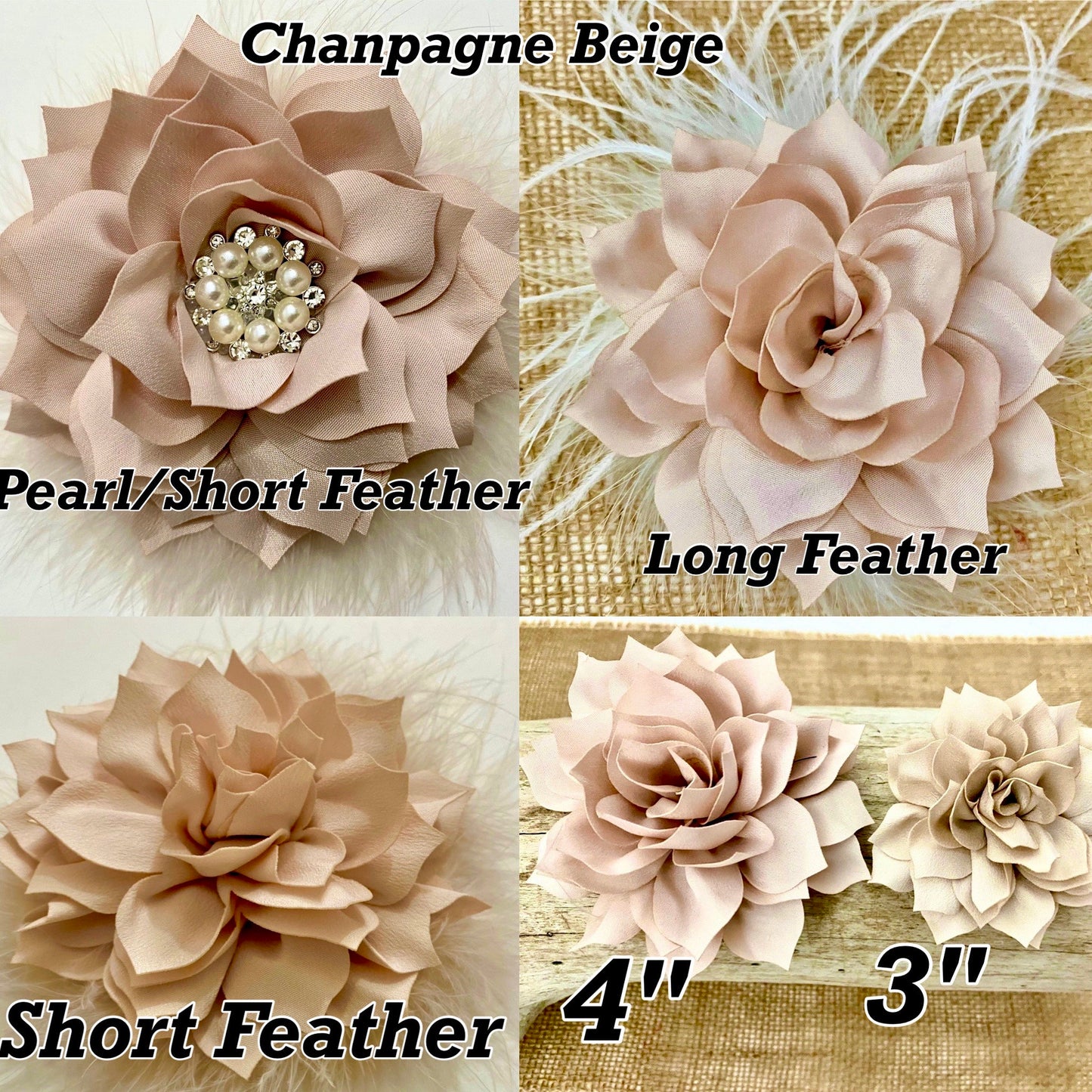 Wedding Flowers Champagne  Beige, Dusty Rose Flower Clips, Wedding Bridal Flowers Hair Clip,Custom Flower Feather Clips, all color