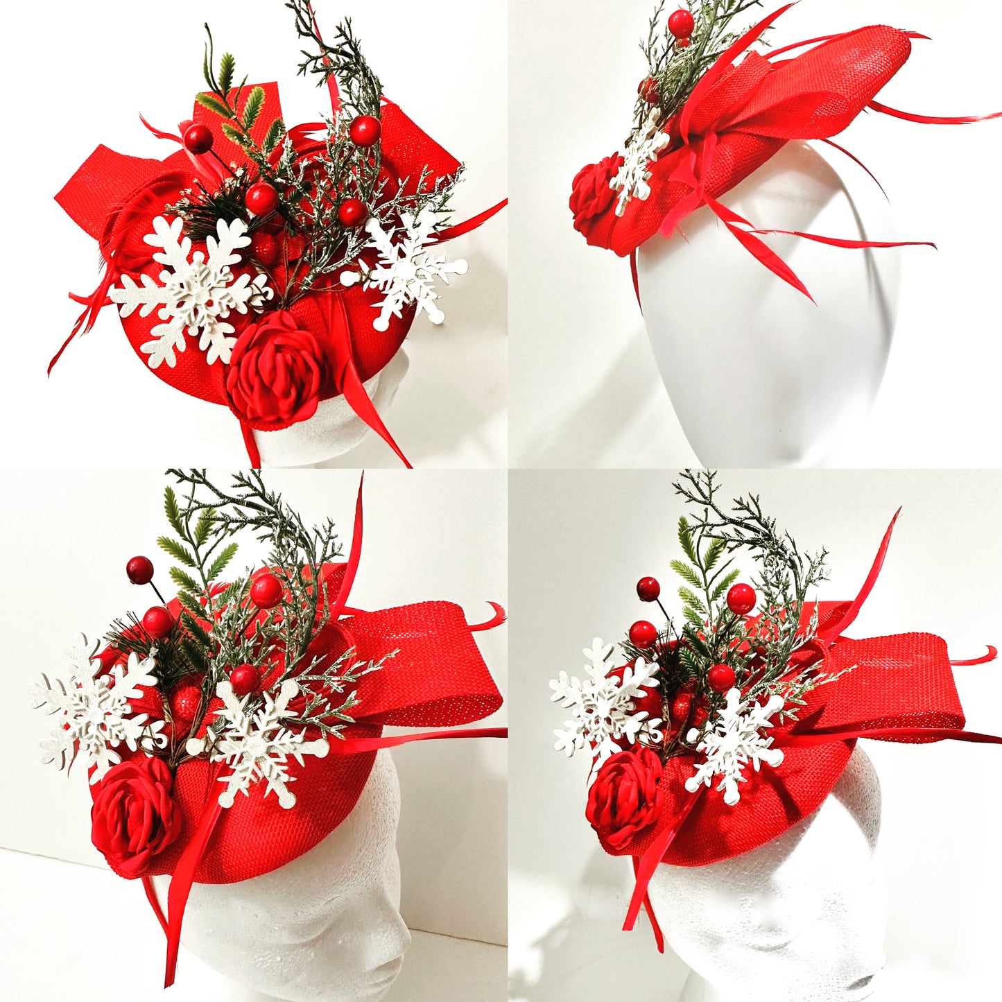 Christmas Fascinator Hat, SnowFlake Headband Fascinator, Holiday Party Hat, Red Holly Church Christmas Hat