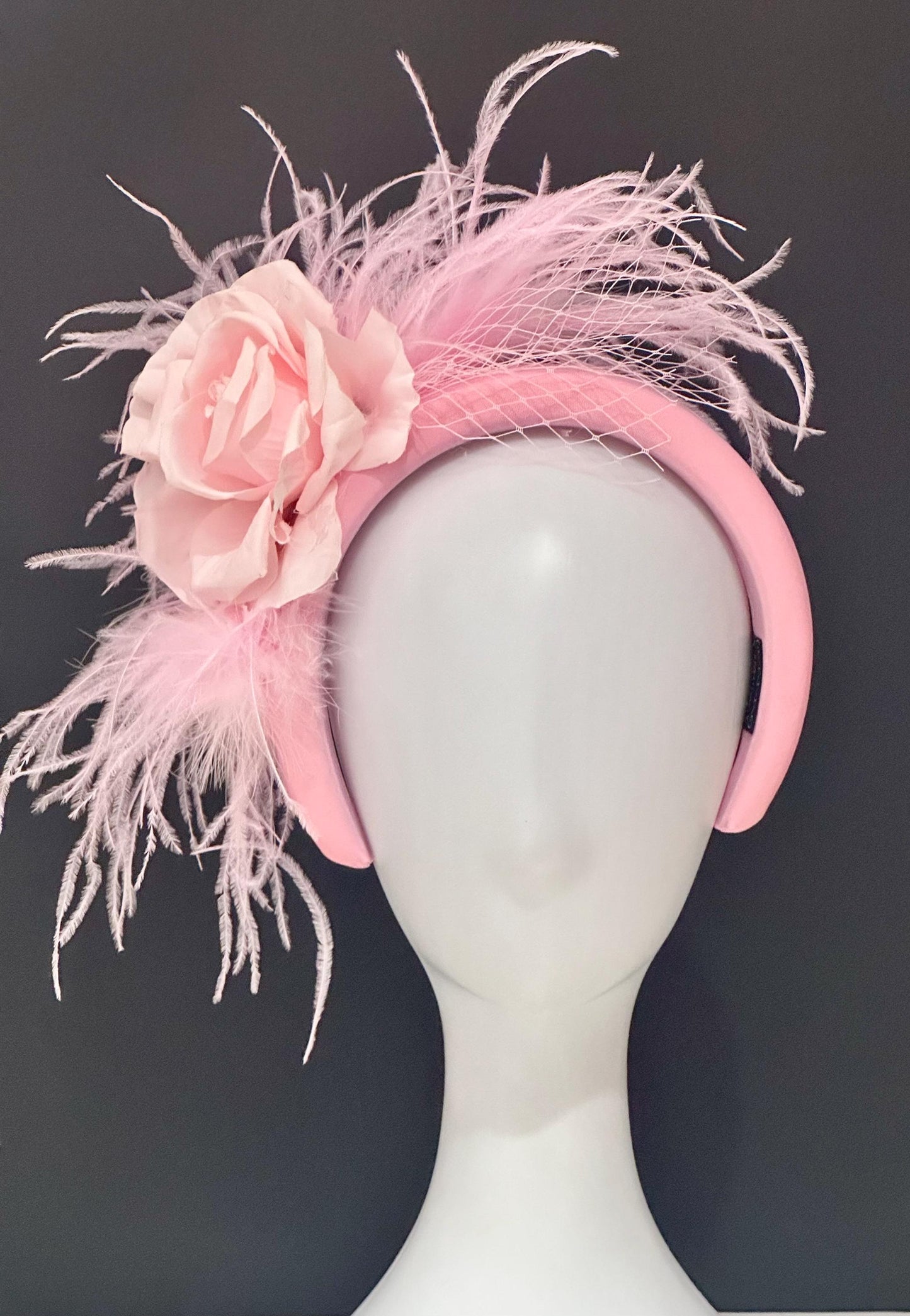 Pink Dusty Rose Feather Fascinator Headband, Church Wedding Headband Pink Light Pink Feather Headband,Bridal Veil Feather Padded Headband