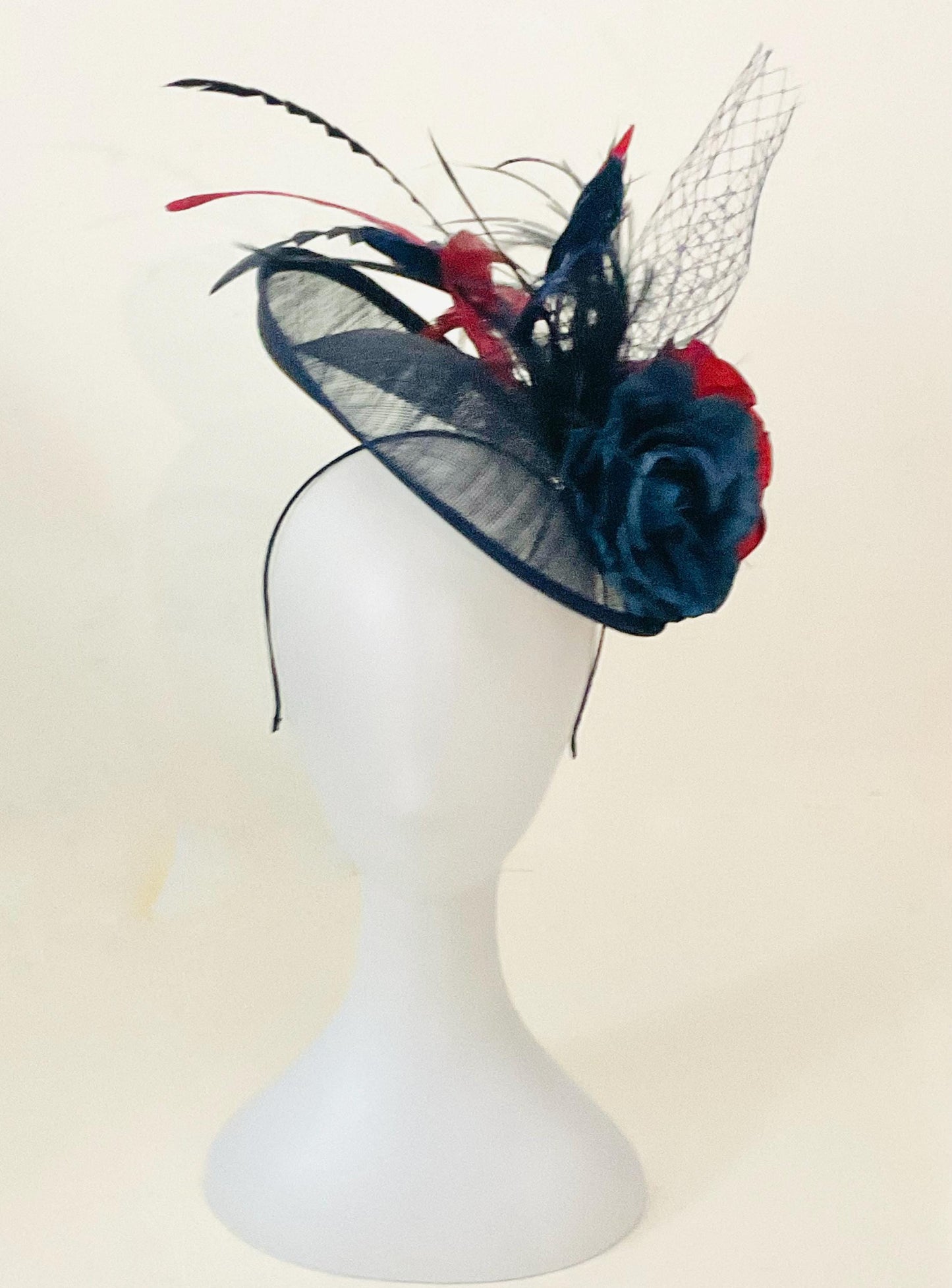 Navy Blue Fascinator Hat, Burgundy Wine Blue Fascinator Hat,Wedding Fascinate Hat, Blue Burgundy Red Feather Hat, Church Wedding Derby Hat