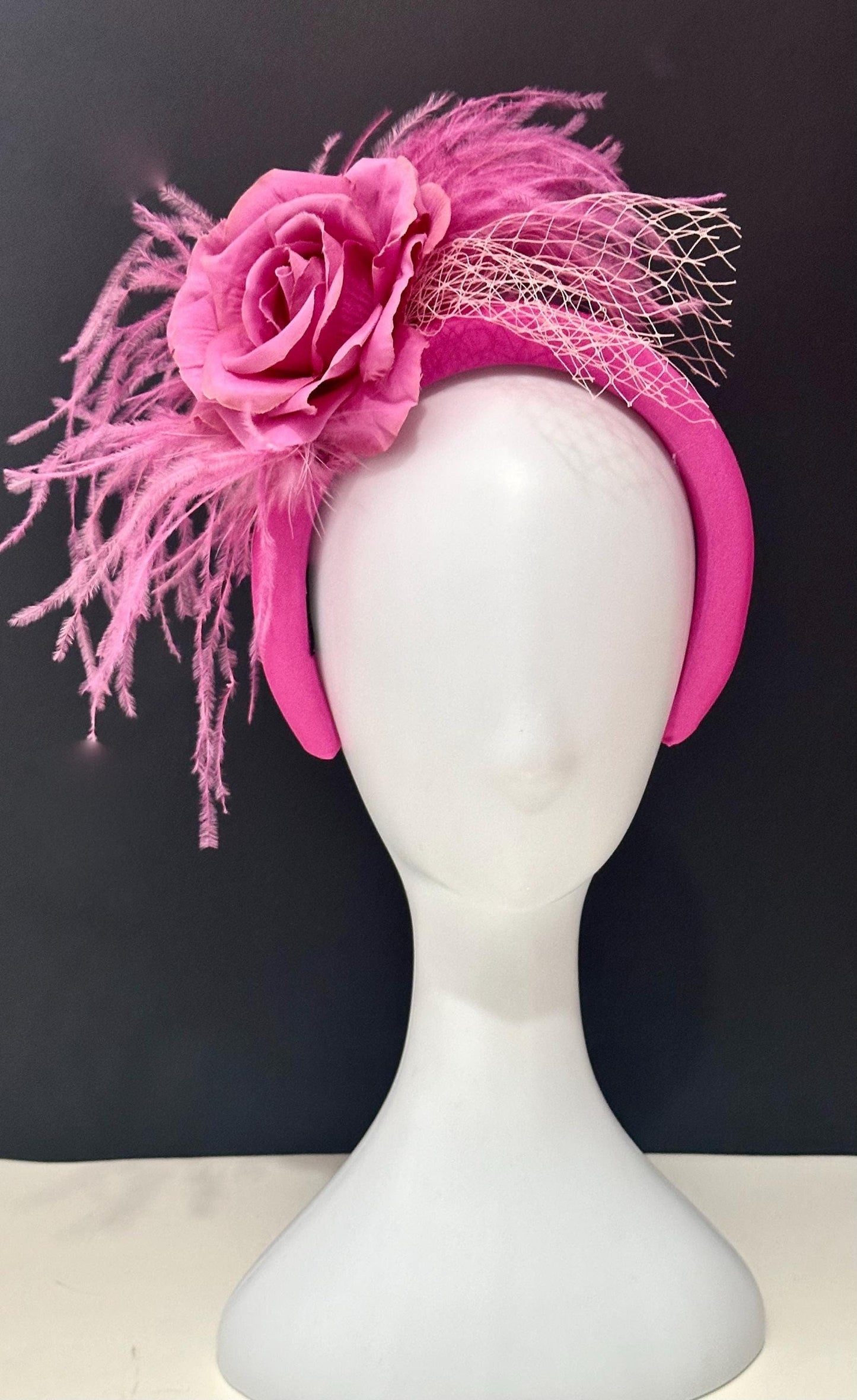 Pink Fascinator Bespoke Feather Headband, Hot Pink Pink Bridal Veil Flower Feather Fascinator Headband, Church Wedding Fascinate Hat