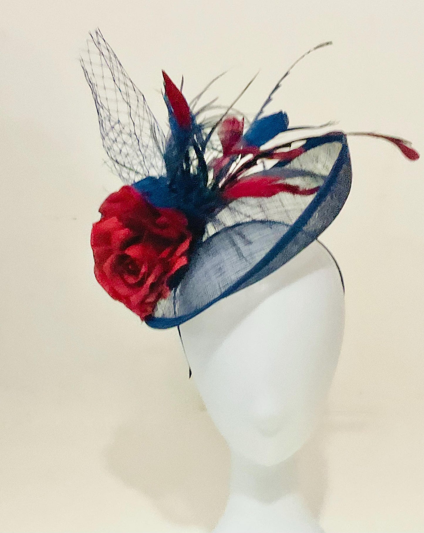 Navy Blue Fascinator Hat, Burgundy Wine Blue Fascinator Hat,Wedding Fascinate Hat, Blue Burgundy Red Feather Hat, Church Wedding Derby Hat