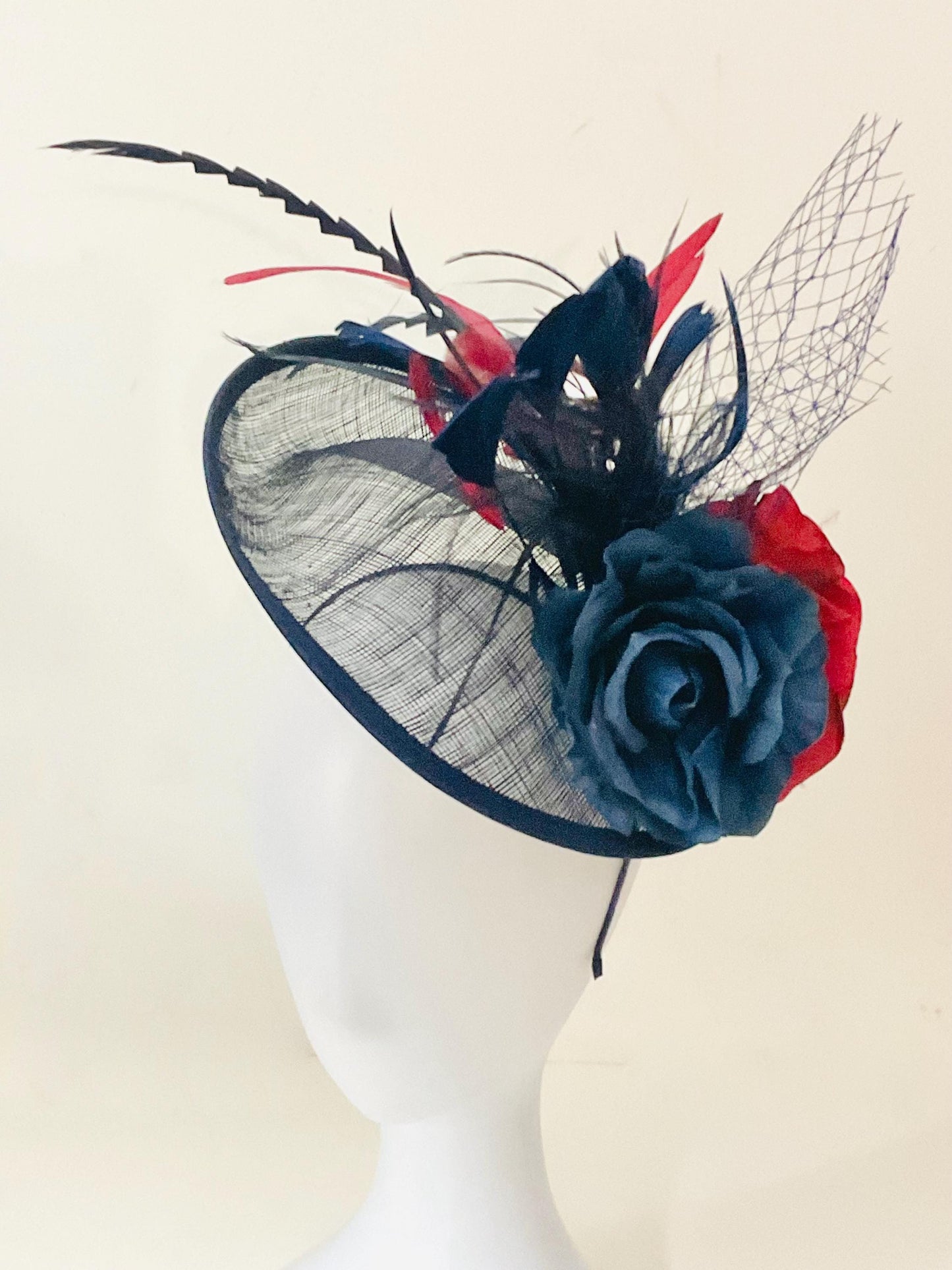 Navy Blue Fascinator Hat, Burgundy Wine Blue Fascinator Hat,Wedding Fascinate Hat, Blue Burgundy Red Feather Hat, Church Wedding Derby Hat