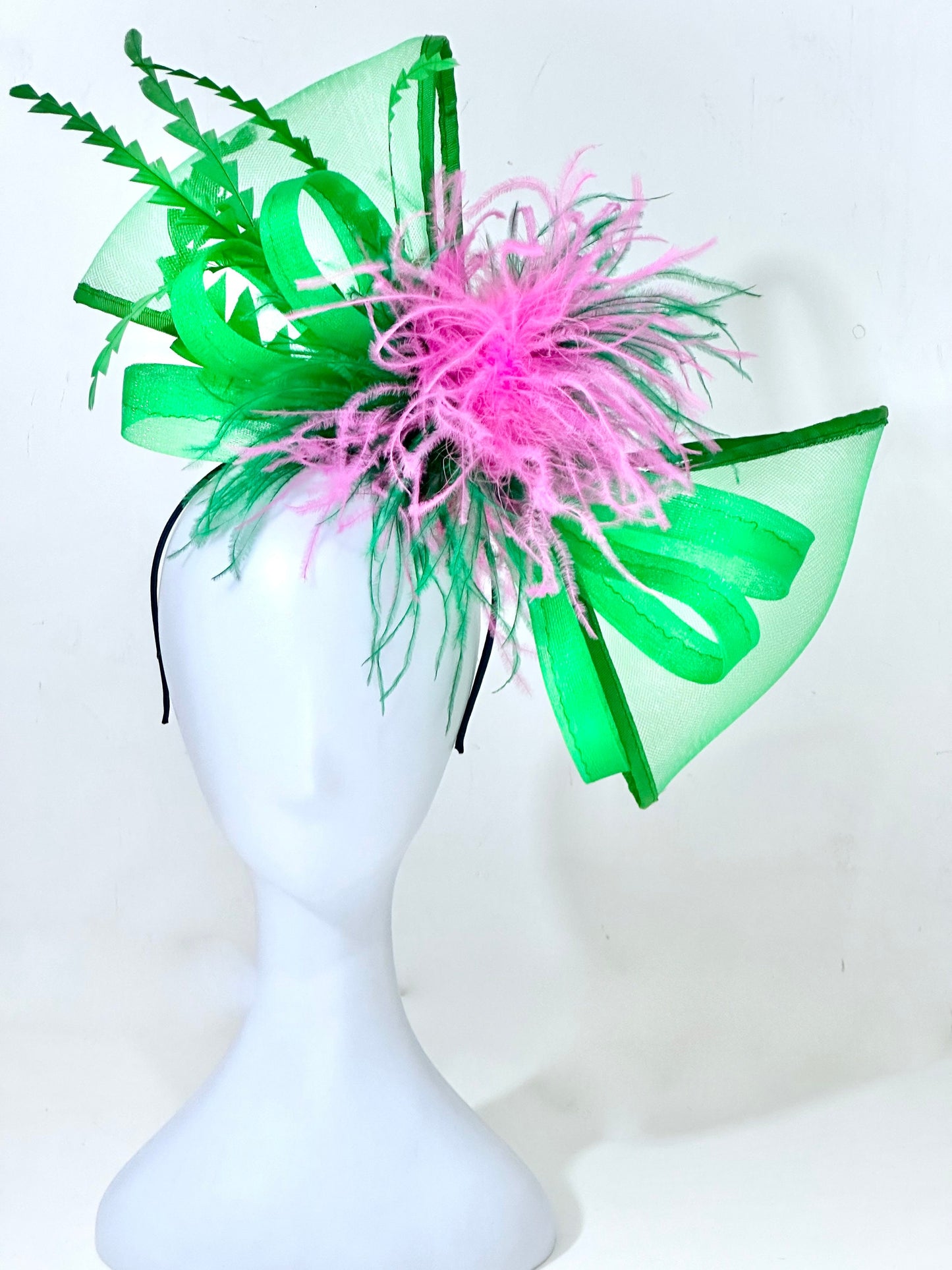 Pink and Blue Fascinator Hat, Big Bow Feather Headband, Kentucky Derby Church Hat,Wedding Fascinate Hat, Magenta Green Red Pink Bow Headband