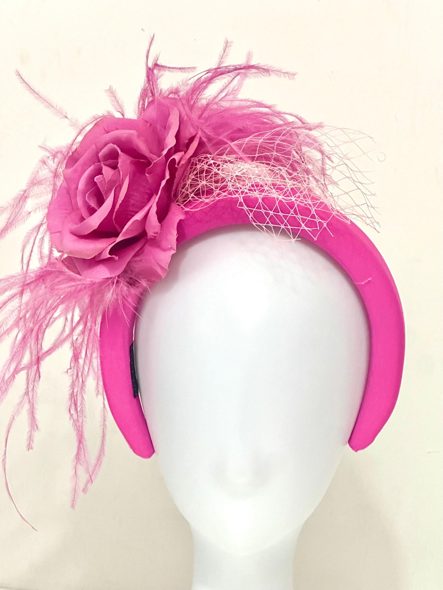 Pink Fascinator Bespoke Feather Headband, Hot Pink Pink Bridal Veil Flower Feather Fascinator Headband, Church Wedding Fascinate Hat