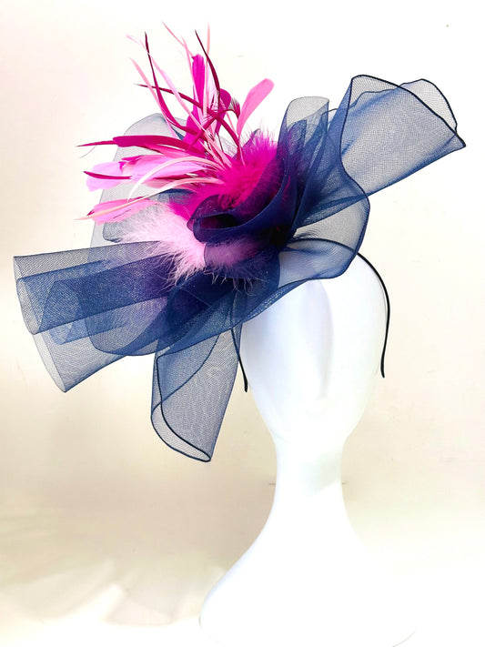 Pink Navy White Kentucky Derby Hat Fascinator Headband, Fuchsia Pink Navy White Big Derby Hat, Wedding Hat, Fancy Garden Party Church Hat,