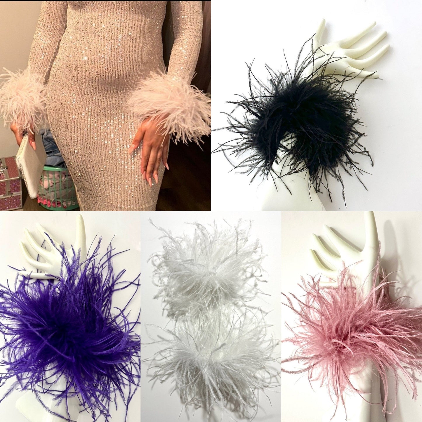 Ostrich Feather Brooch Pin, Wrist Band Feather Cuffs, Feather Shoe Clips, All colors Navy Feather, Black,Red Green, Beige, Blush, All ply's