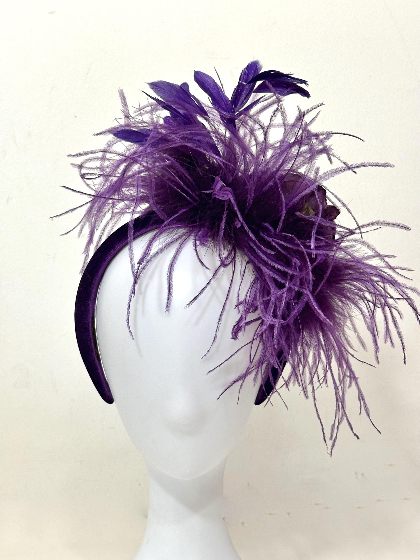 Purple Fascinator Hat, Purple Feather Headband, Wedding Fascinate, Church Hat, Derby Fascinate for Women,Custom Feather Flower Veil Headband