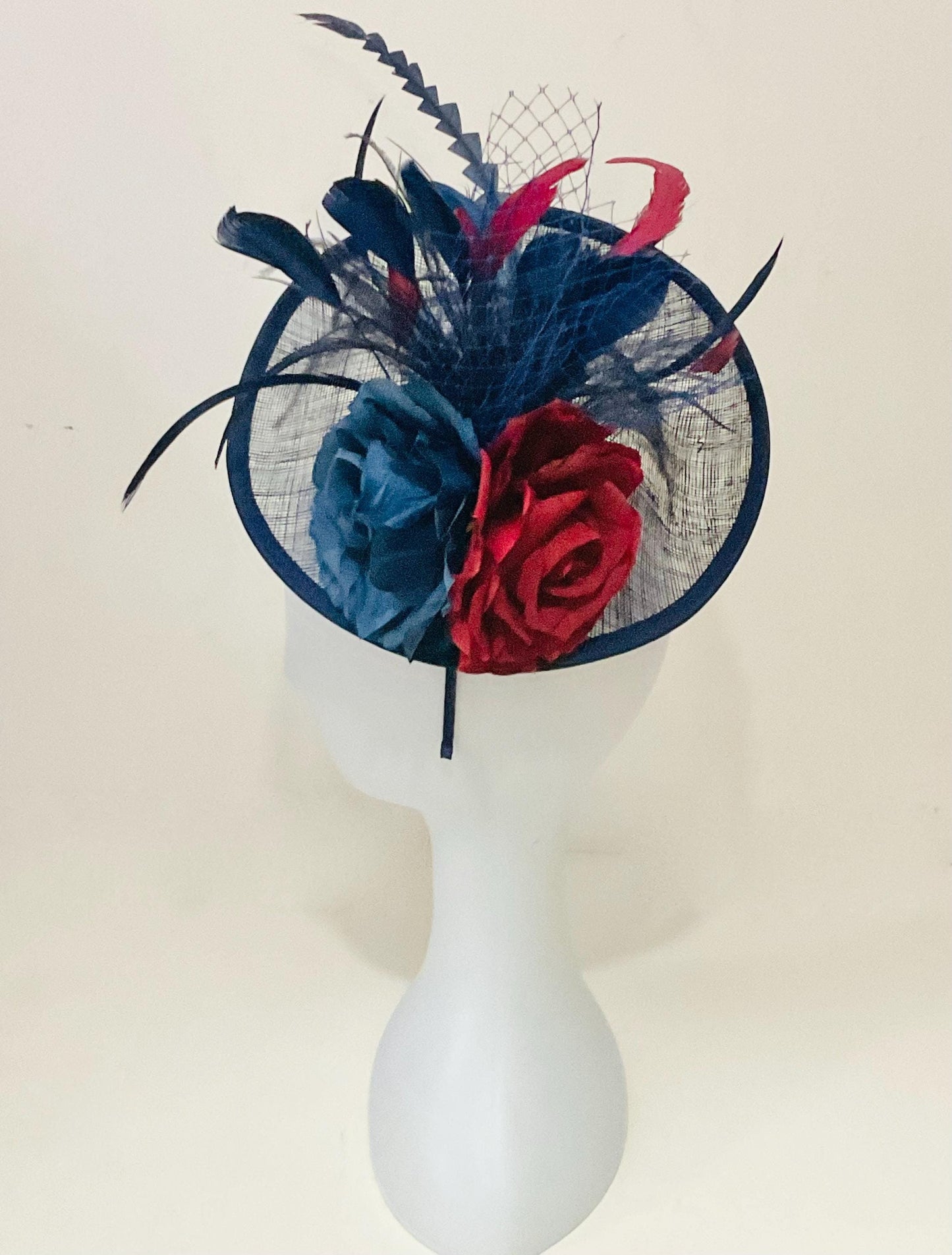 Navy Blue Fascinator Hat, Burgundy Wine Blue Fascinator Hat,Wedding Fascinate Hat, Blue Burgundy Red Feather Hat, Church Wedding Derby Hat