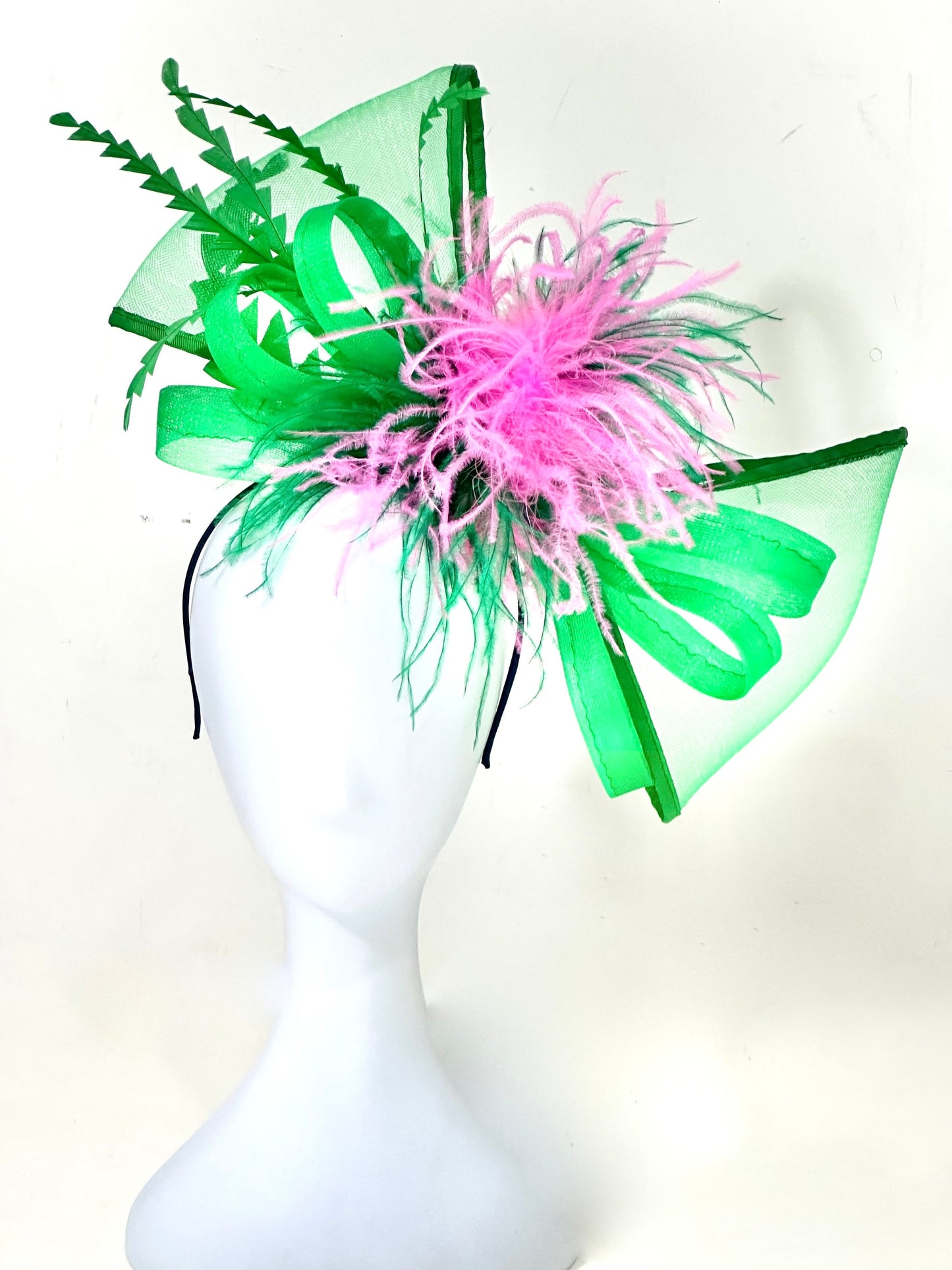 Pink Green Bow Headband, Kentucky Derby Hat Fascinator, All Feather Colors Big Bow Feather Bow Fascinator Hat Headband Church Wedding Derby