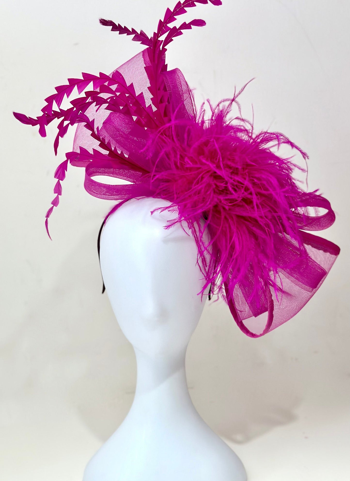 Pink Hot Pink Bow Fascinator, Big Bow Feather Headband, Kentucky Derby Hat, Wedding Bow Fascinator Headband,Magenta Pink Green White Bow Hat