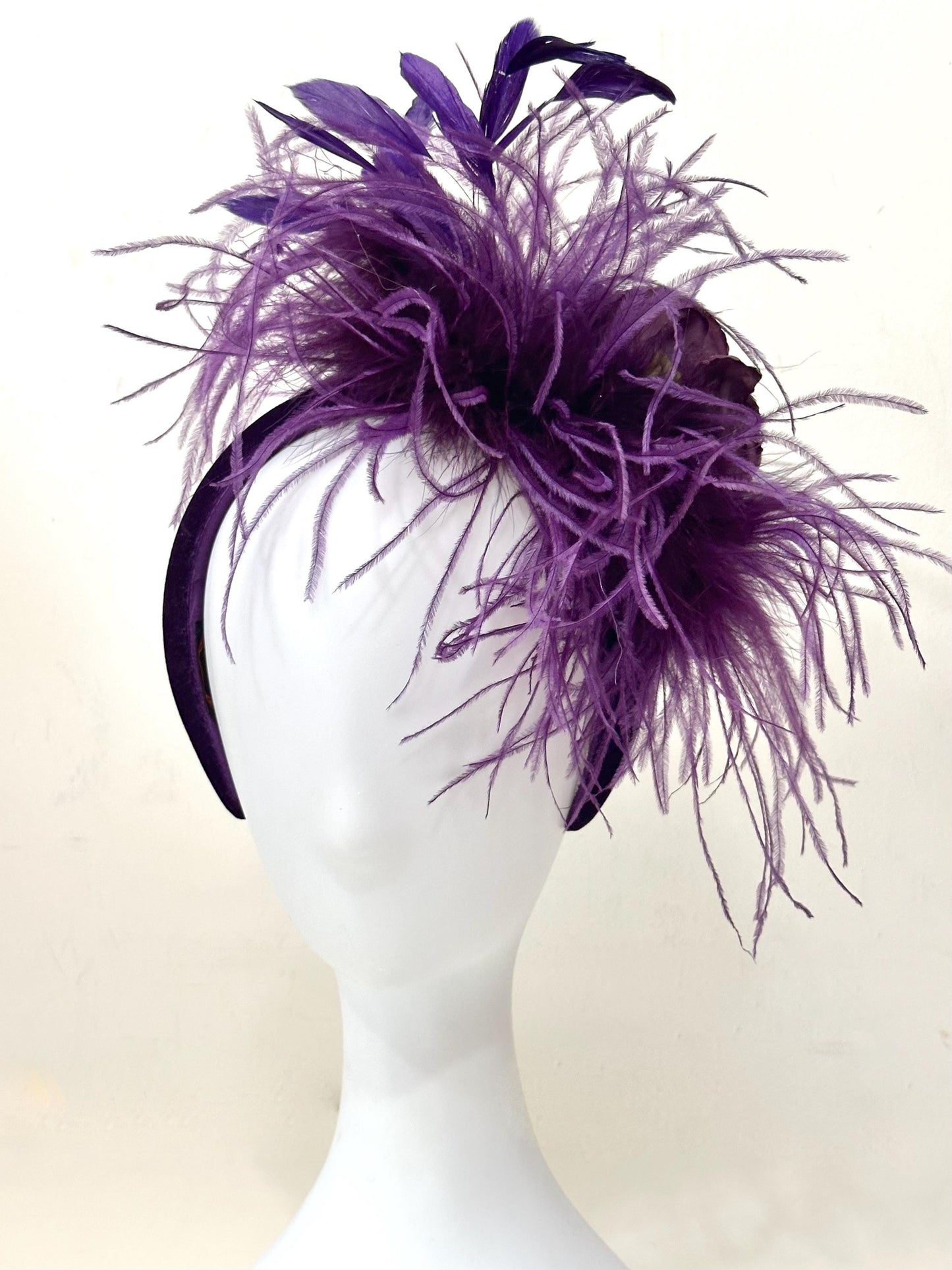 Purple Fascinator Hat, Purple Feather Headband, Wedding Fascinate, Church Hat, Derby Fascinate for Women,Custom Feather Flower Veil Headband