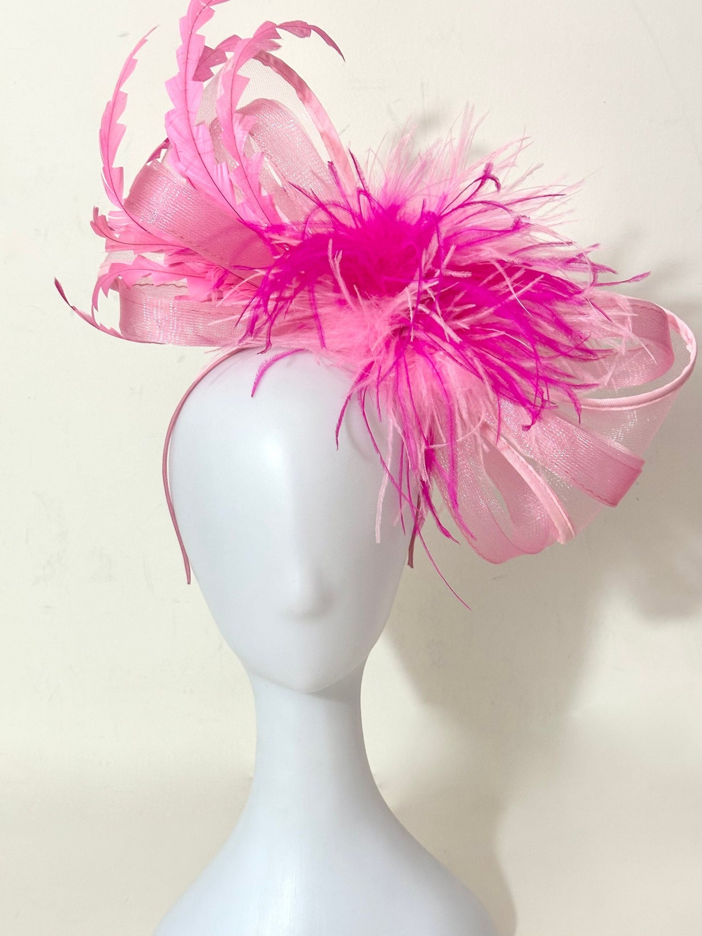 Pink and Blue Fascinator Hat, Big Bow Feather Headband, Kentucky Derby Church Hat,Wedding Fascinate Hat, Magenta Green Red Pink Bow Headband