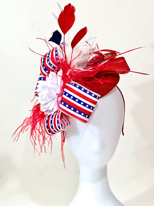 Red White and Blue Fascinate Hat, Patriotic Hat, 4th of July Derby Fascinator Hat, Fascinator Hat, American Red White Blue Derby Hat