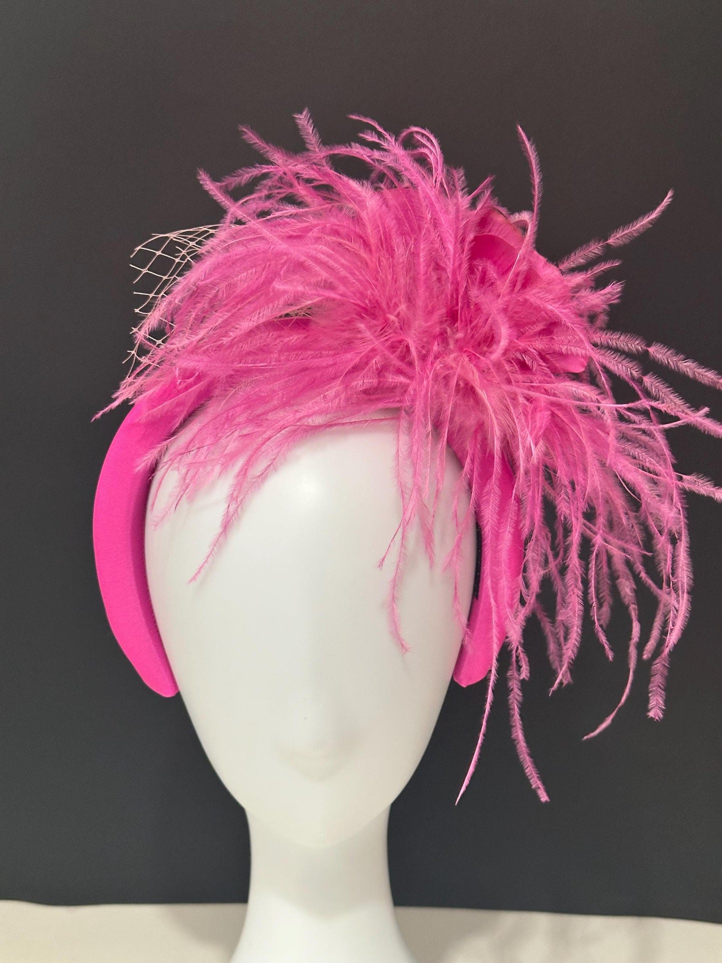 Pink Fascinator Bespoke Feather Headband, Hot Pink Pink Bridal Veil Flower Feather Fascinator Headband, Church Wedding Fascinate Hat