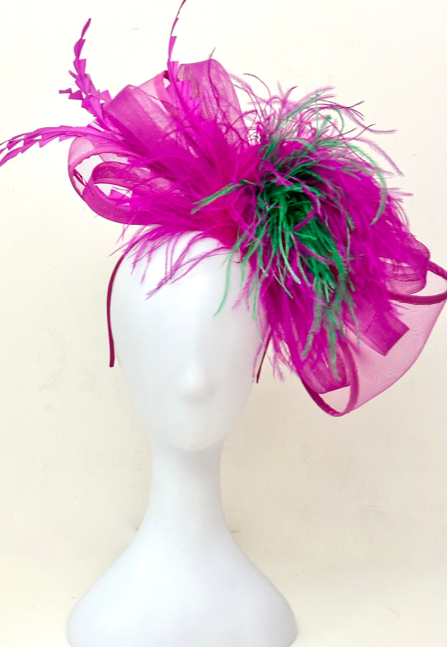 Pink and Blue Fascinator Hat, Big Bow Feather Headband, Kentucky Derby Church Hat,Wedding Fascinate Hat, Magenta Green Red Pink Bow Headband