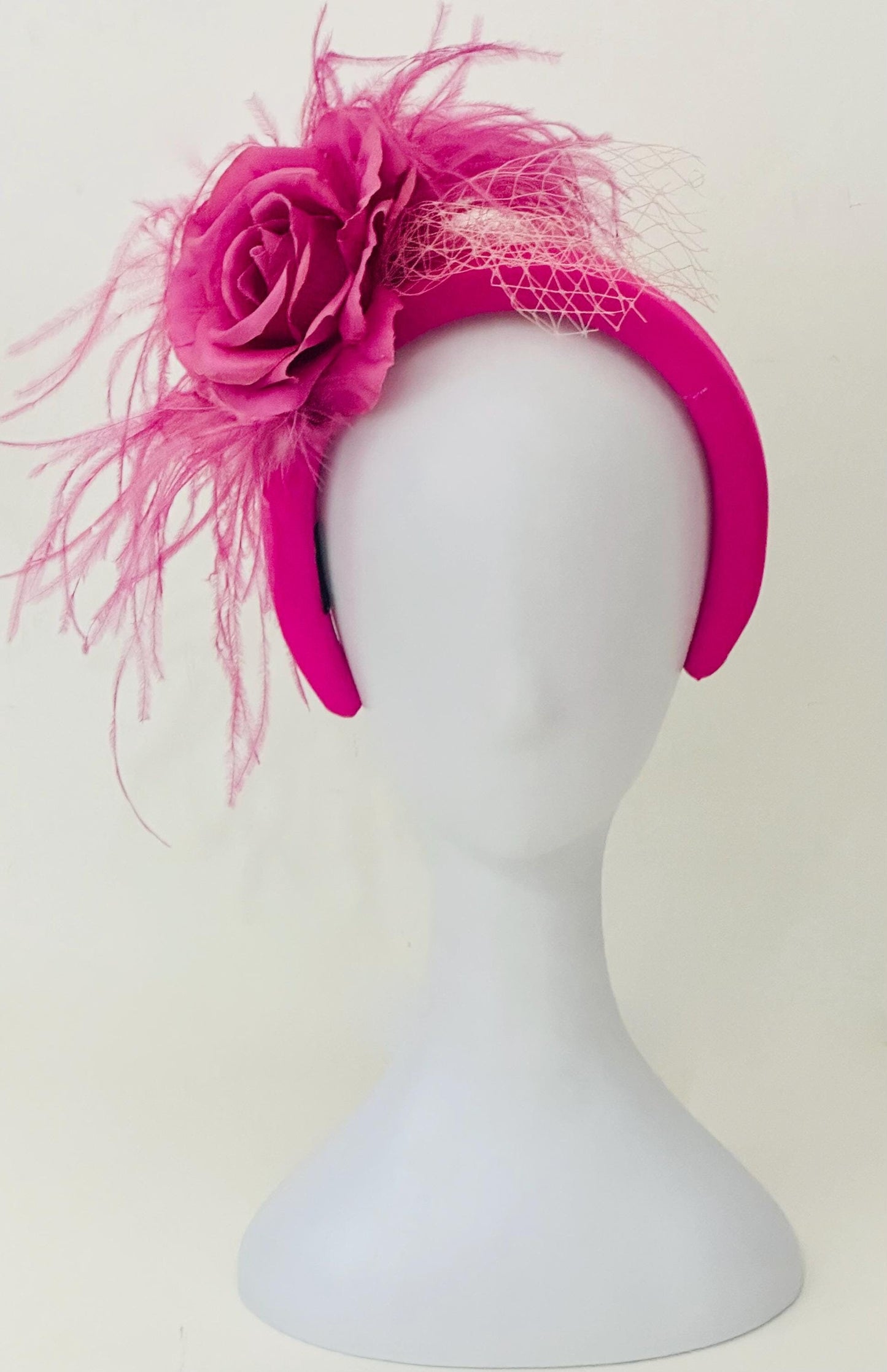 Pink Fascinator Bespoke Feather Headband, Hot Pink Pink Bridal Veil Flower Feather Fascinator Headband, Church Wedding Fascinate Hat