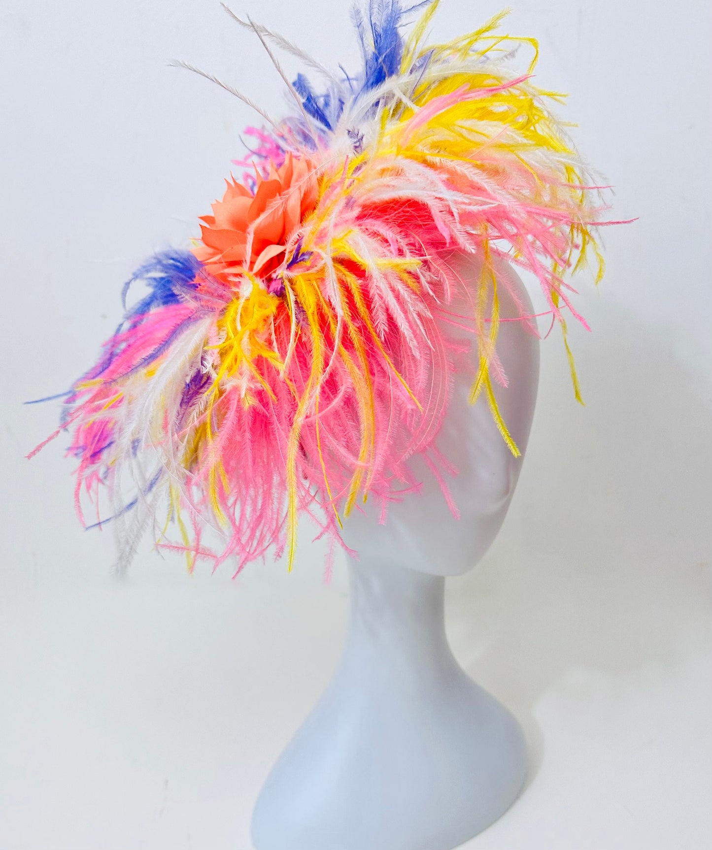 White Kentucky Derby Fascinator Headband Hat, Custom Blended Feather Fascinator Headband, White Pink Coral Lavender Yellow Derby Fascinator