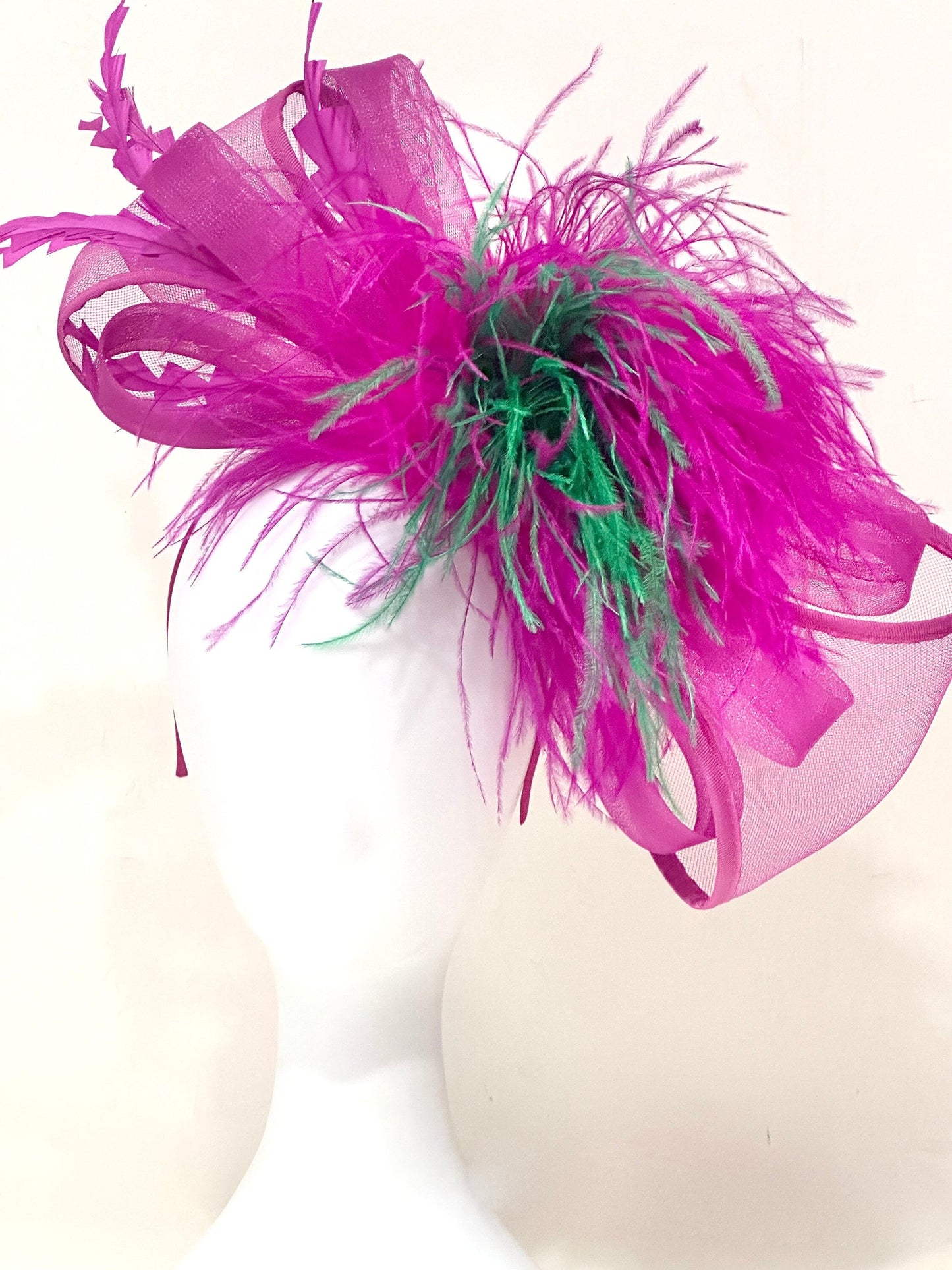 Magenta Pink Bow Feather Headband Fascinator, Custom Feather Bow Fascinator, Kentucky Derby Hat Fascinator Headband, Green, Hot Pink, White