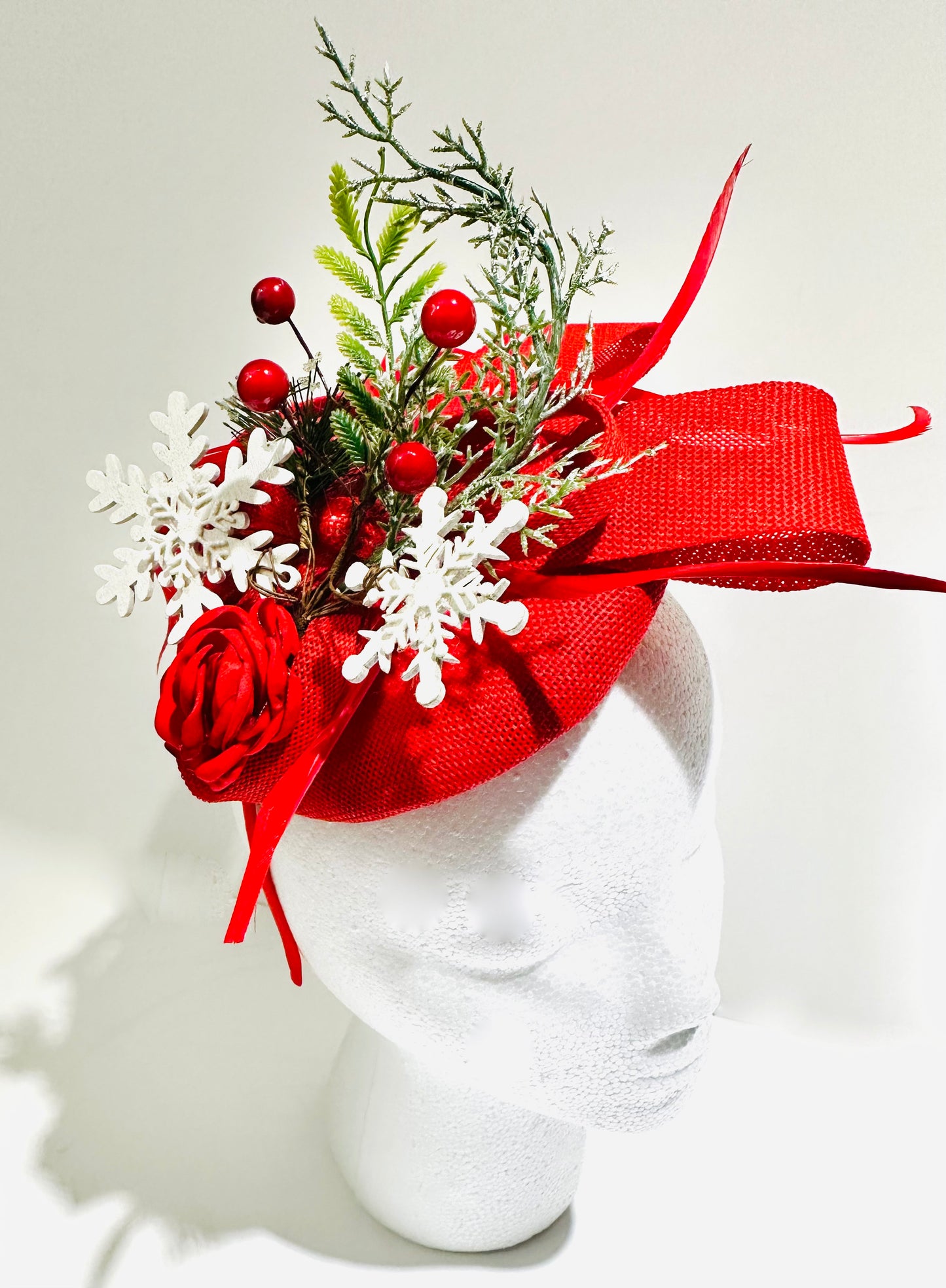 Christmas Fascinator Hat, SnowFlake Headband Fascinator, Holiday Party Hat, Red Holly Church Christmas Hat