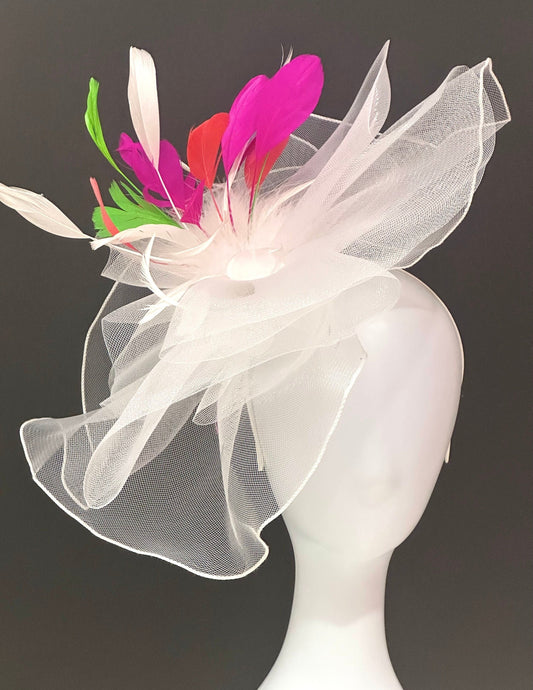 White Fascinator Headband Hat, Sheer Crinoline Church Derby Hat, Wedding Fascinate,  Tea Party Hat, White, Pink Orange Derby Hat