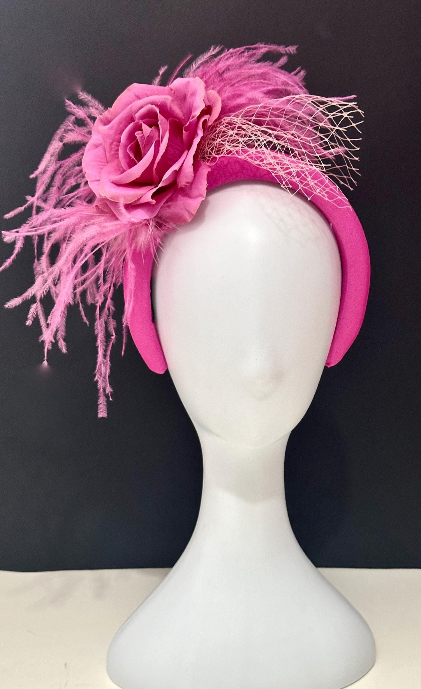 Pink Dusty Rose Feather Fascinator Headband, Church Wedding Headband Pink Light Pink Feather Headband,Bridal Veil Feather Padded Headband