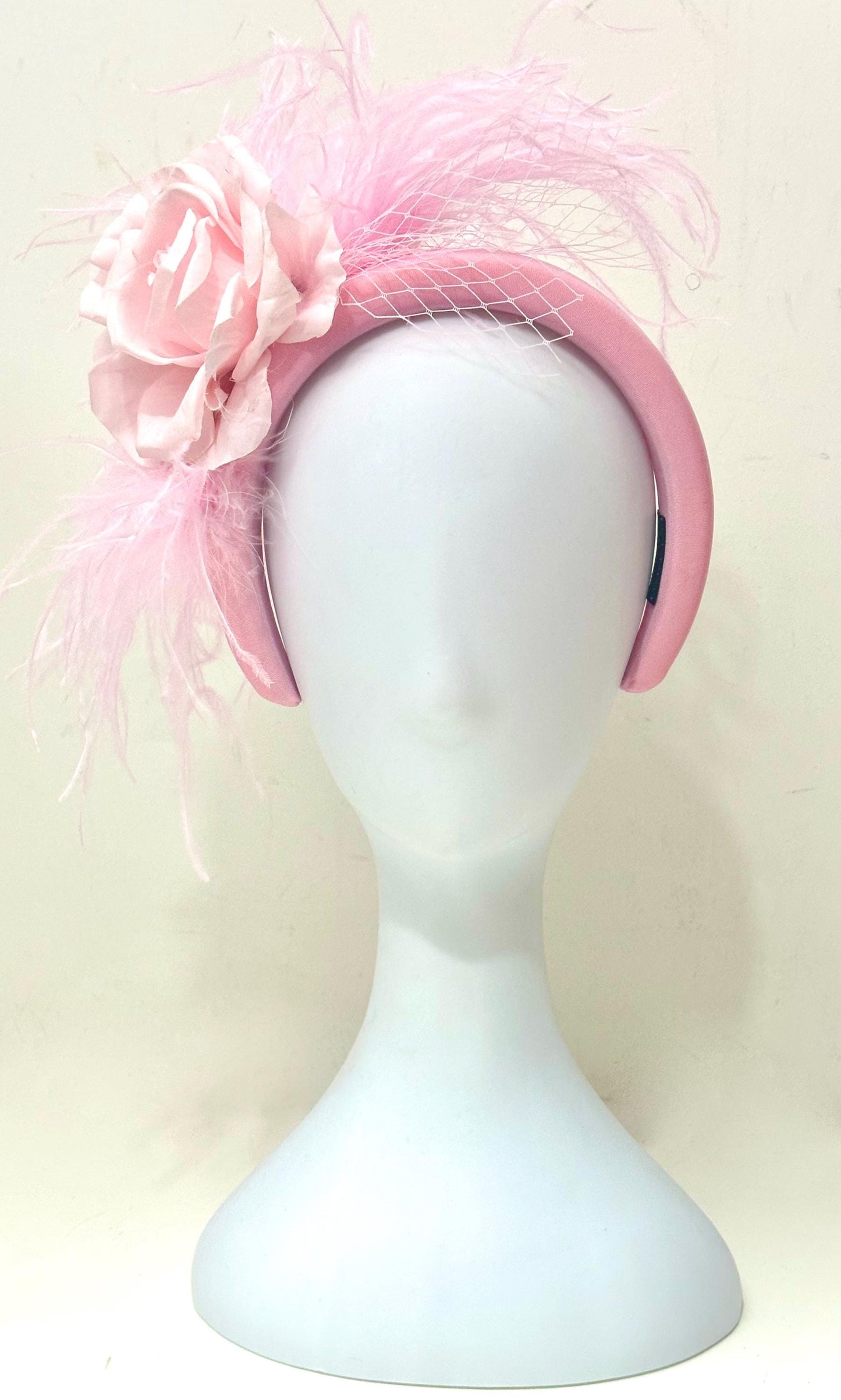 Pink Dusty Rose Feather Fascinator Headband, Church Wedding Headband Pink Light Pink Feather Headband,Bridal Veil Feather Padded Headband