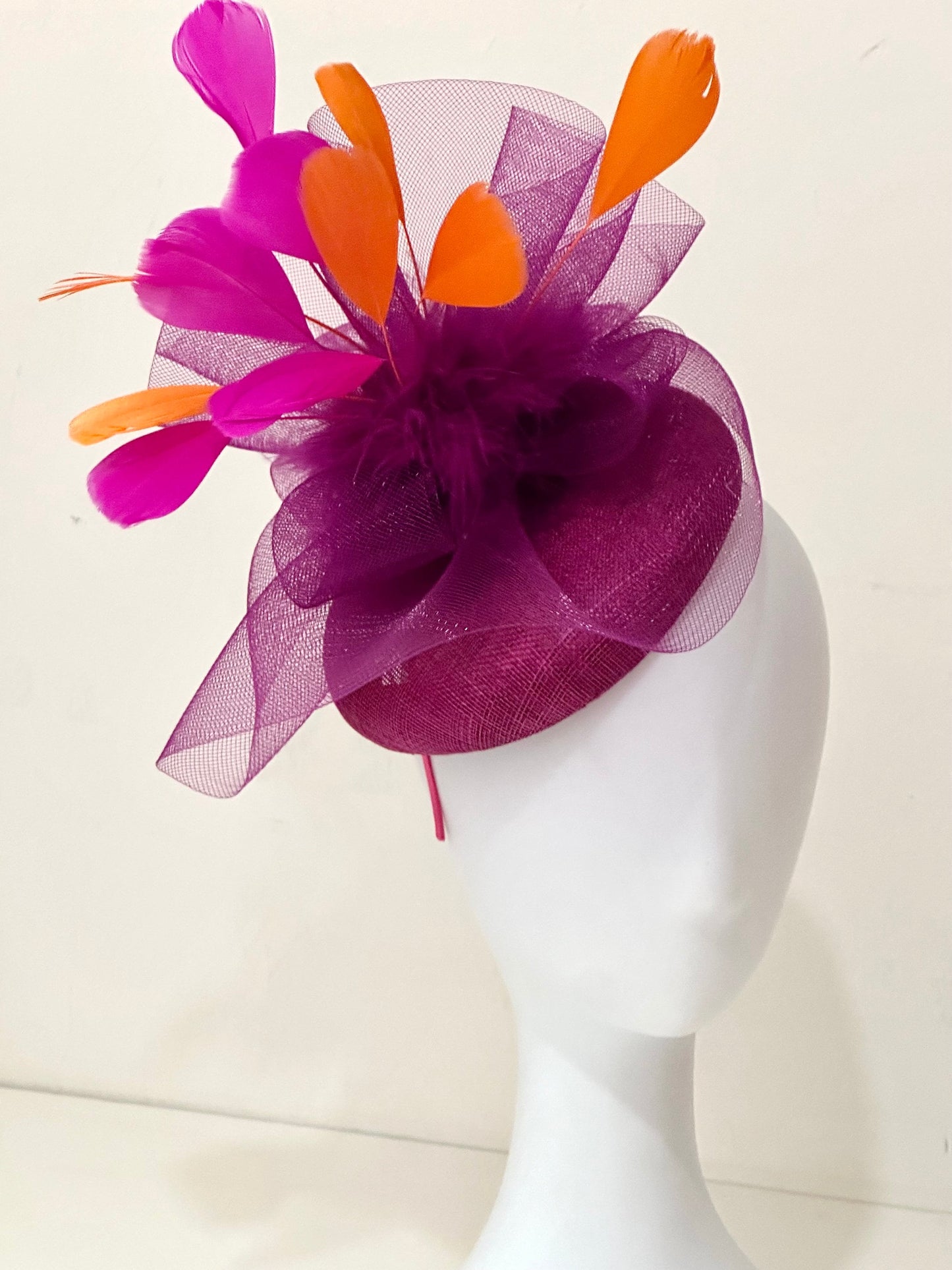 Magenta Pink Orange Fascinator Hat, Purple  Orange Fascinator, Church Wedding Hat,Kentucky Derby Hat, Custom Sorority  Fascinator Hat