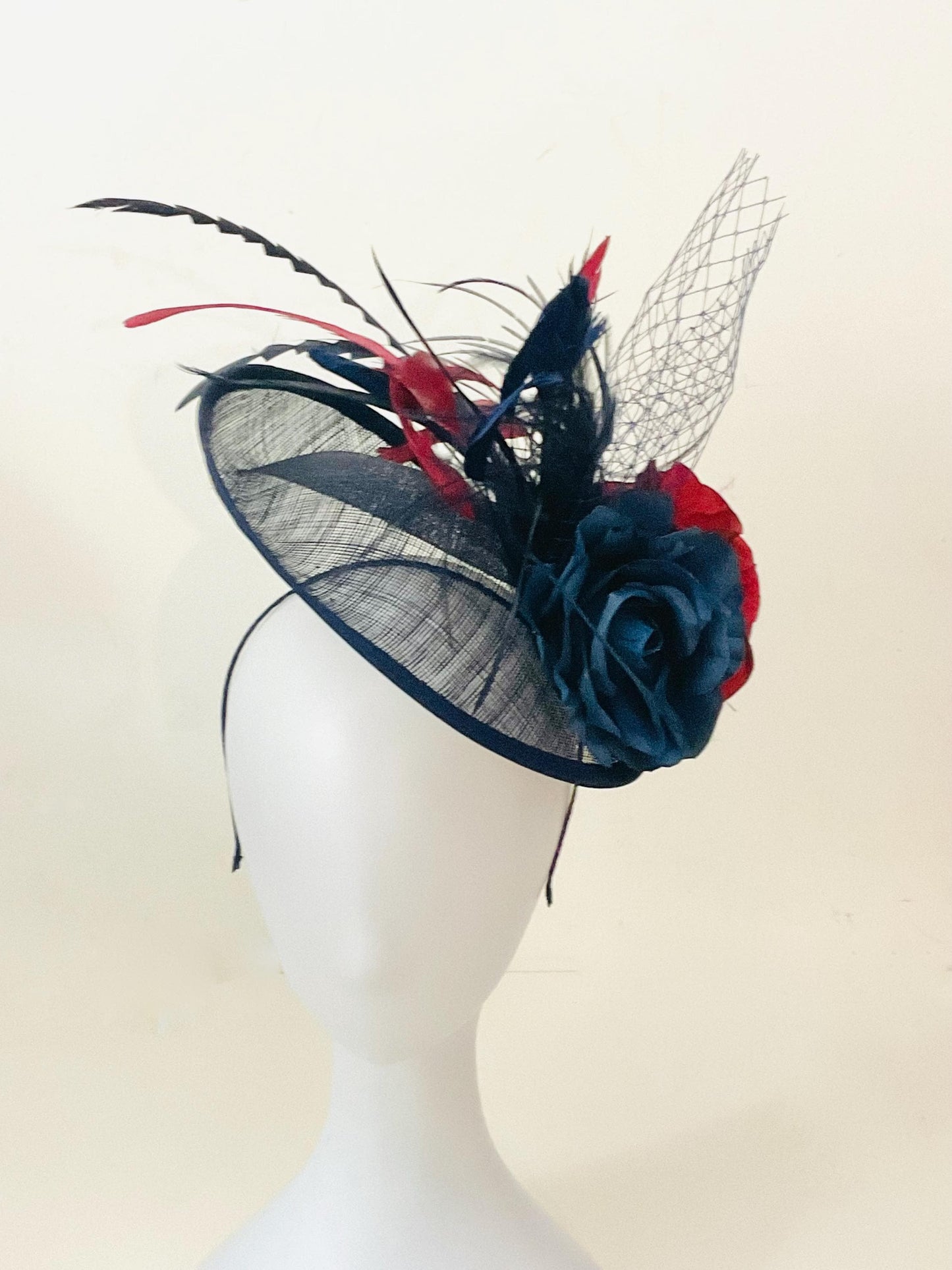 Navy Blue Fascinator Hat, Burgundy Wine Blue Fascinator Hat,Wedding Fascinate Hat, Blue Burgundy Red Feather Hat, Church Wedding Derby Hat