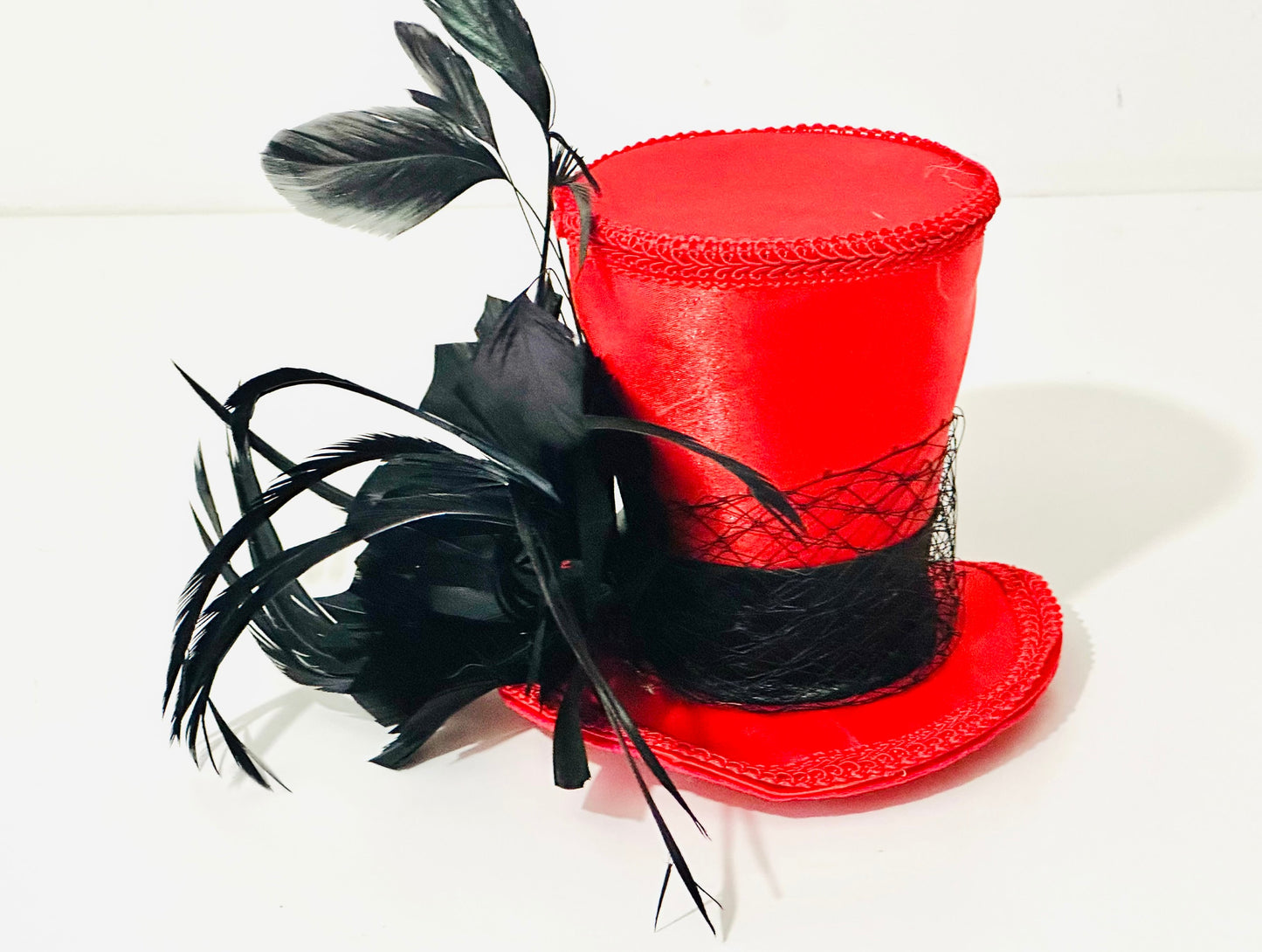 Red Black Top Hat Fascinator Clip or Headband, Red Top Hat Fascinator Hat, Black Feather Lace Top Hat, Dance Costume,Christmas Headband