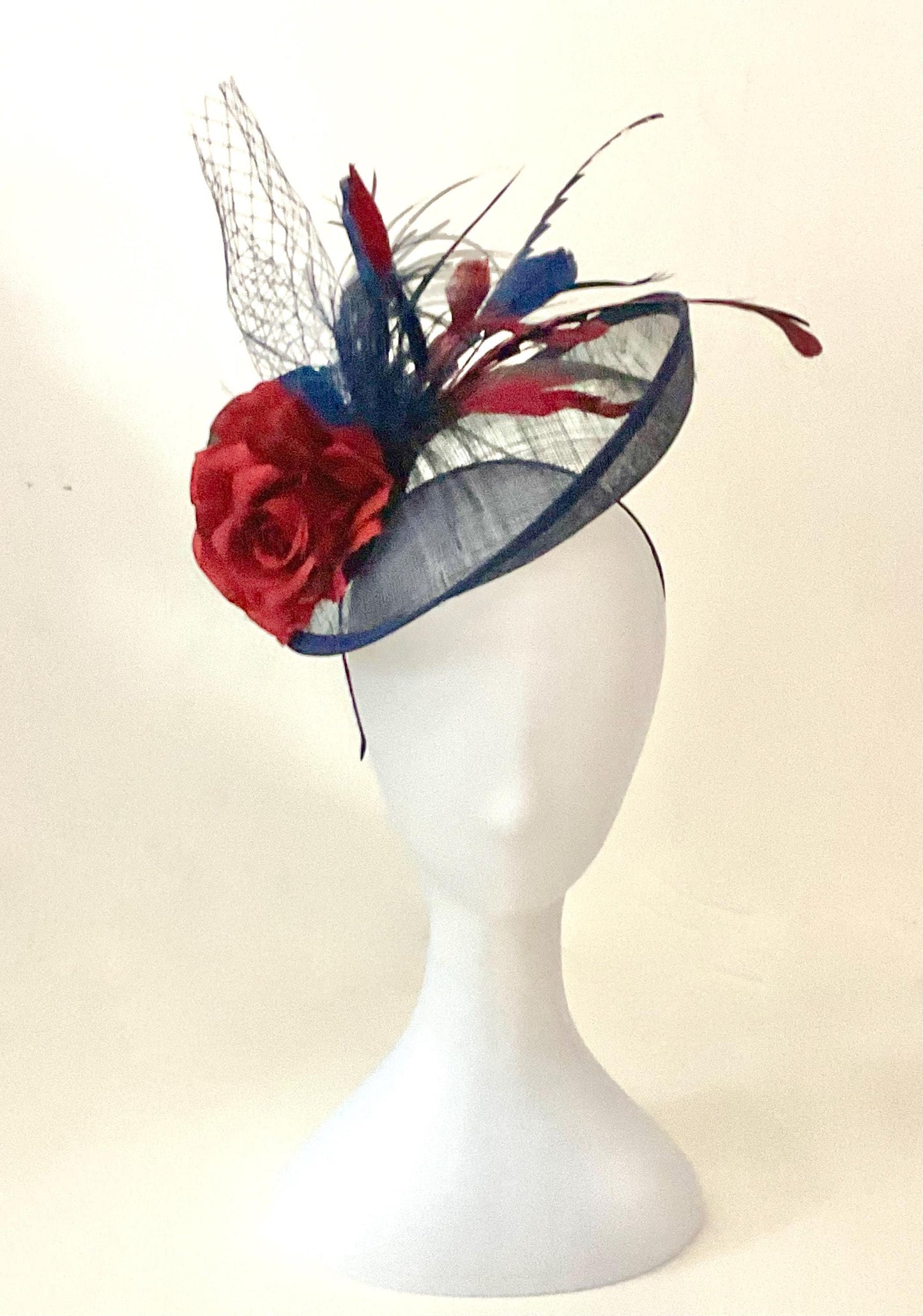 Navy Blue Fascinator Hat, Burgundy Wine Blue Fascinator Hat,Wedding Fascinate Hat, Blue Burgundy Red Feather Hat, Church Wedding Derby Hat