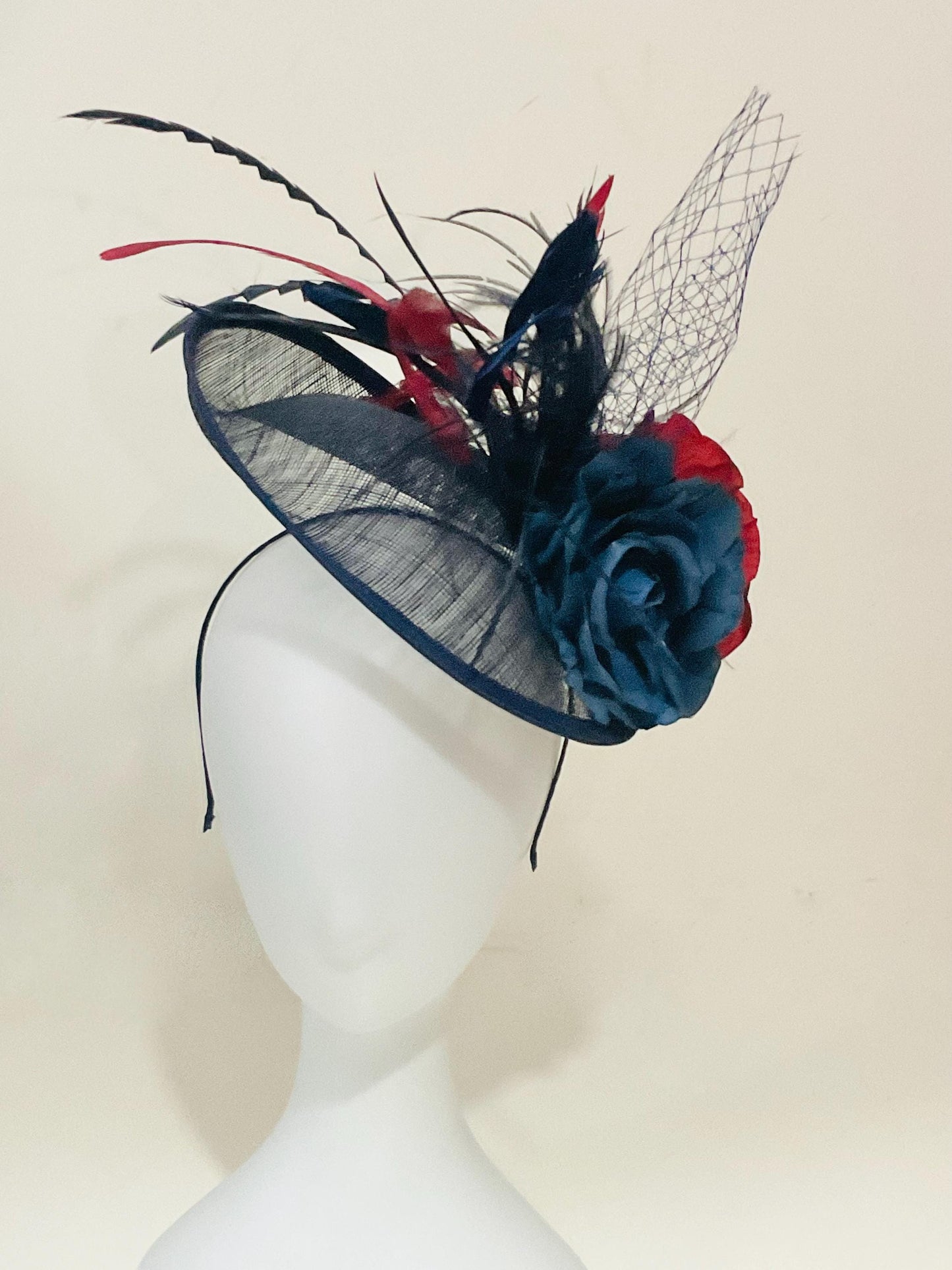 Navy Blue Fascinator Hat, Burgundy Wine Blue Fascinator Hat,Wedding Fascinate Hat, Blue Burgundy Red Feather Hat, Church Wedding Derby Hat