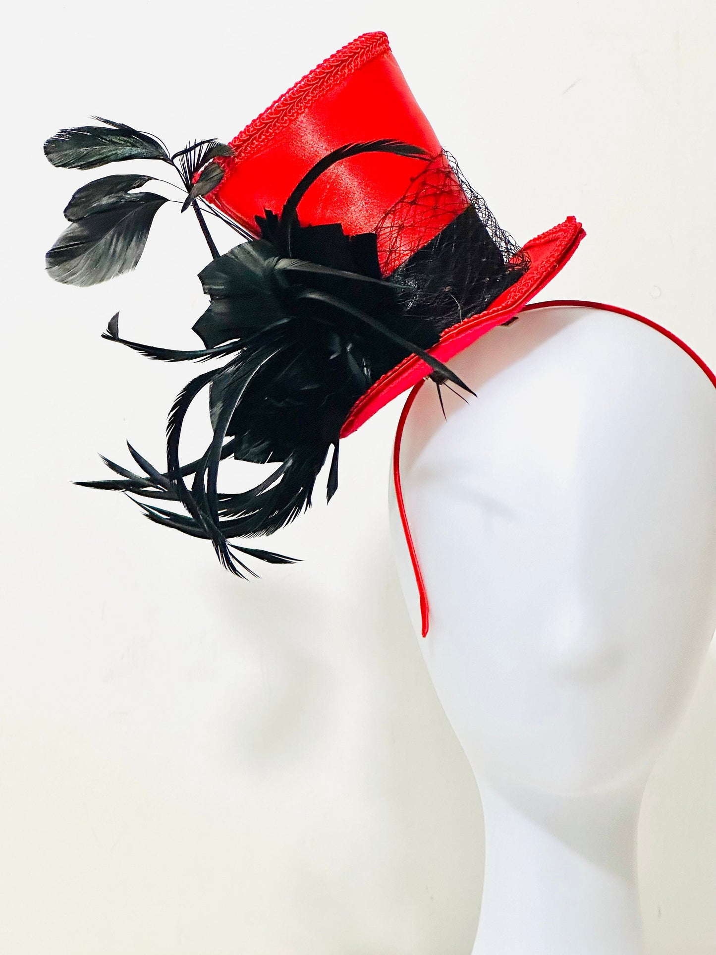 Red Black Top Hat Fascinator Clip or Headband, Red Top Hat Fascinator Hat, Black Feather Lace Top Hat, Dance Costume,Christmas Headband