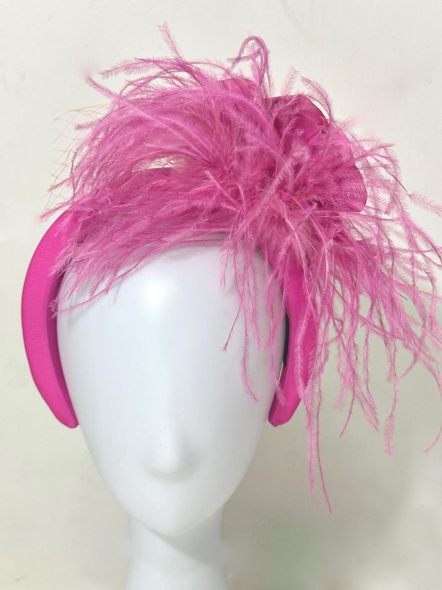 Pink Fascinator Bespoke Feather Headband, Hot Pink Pink Bridal Veil Flower Feather Fascinator Headband, Church Wedding Fascinate Hat