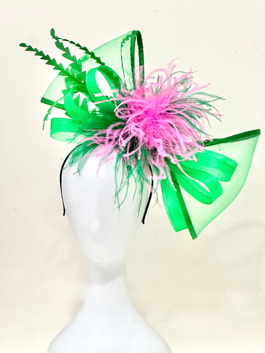 Pink Green Bow Headband, Kentucky Derby Hat Fascinator, All Feather Colors Big Bow Feather Bow Fascinator Hat Headband Church Wedding Derby