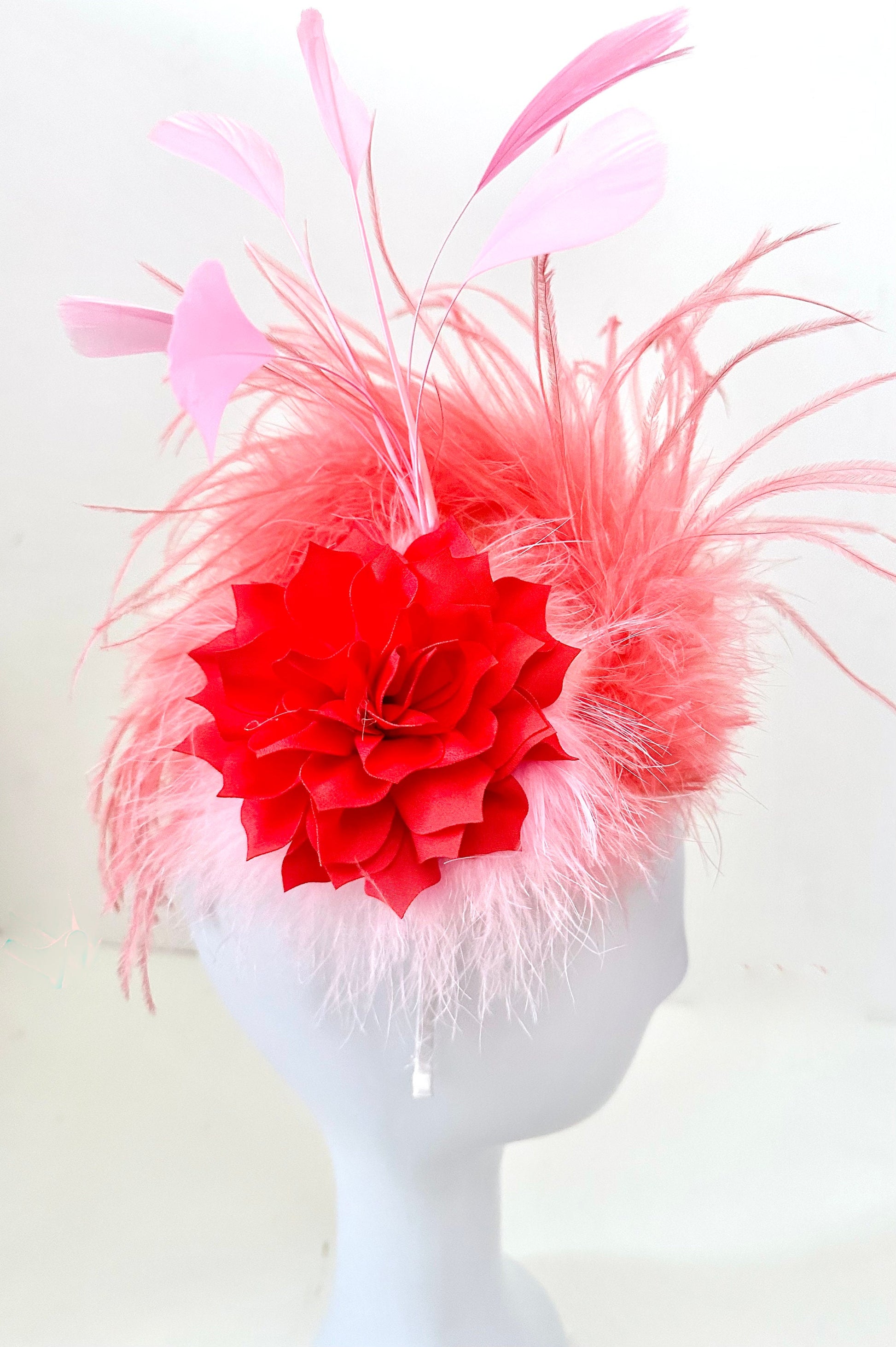 Pink Coral White Derby Fascinate Hat, Bright Pink Coral Derby Hat Headband, Easter Parade Hat, Church Hat, Pink Coral Feather Derby Hat