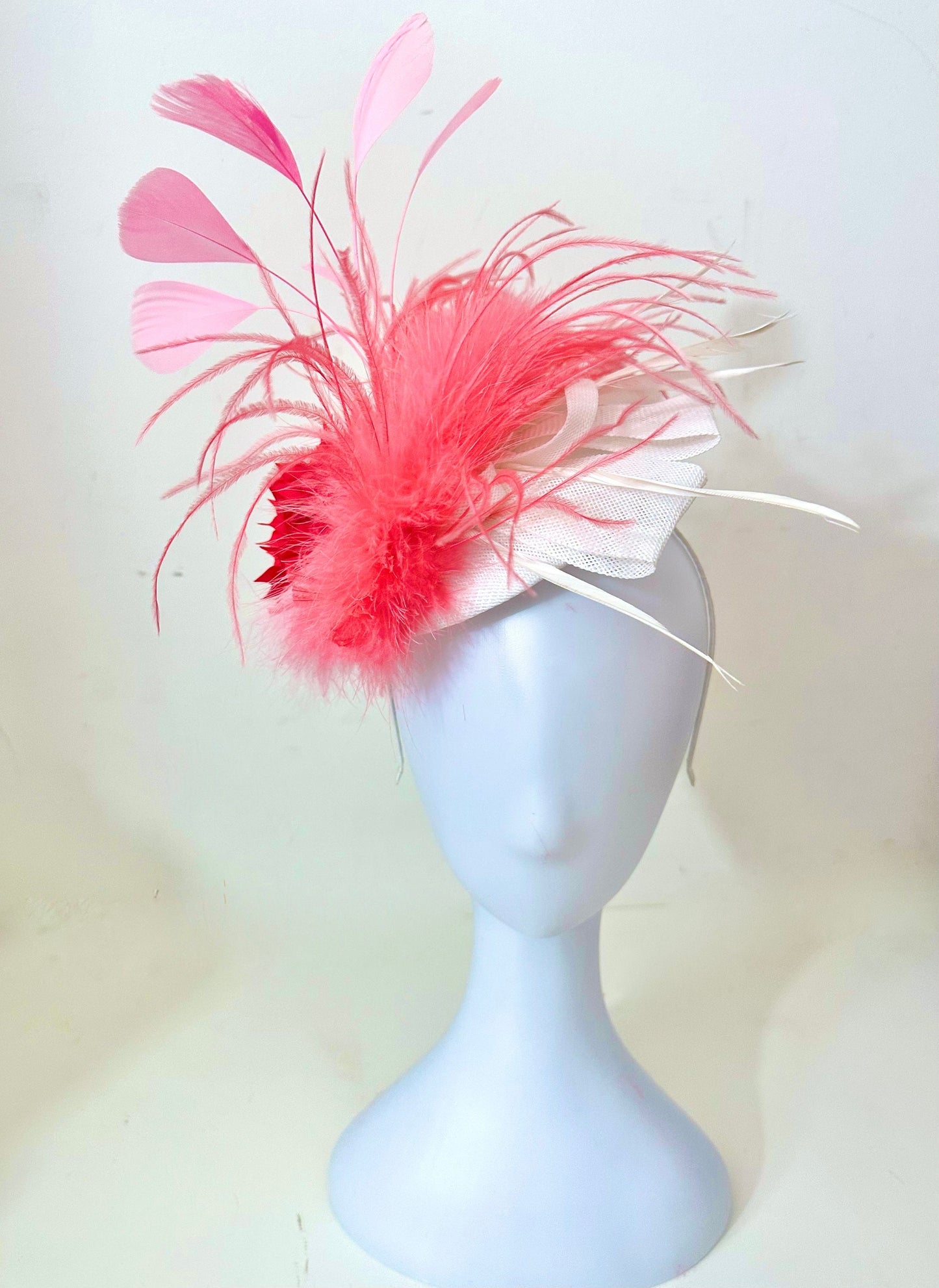 Pink Coral White Derby Fascinate Hat, Bright Pink Coral Derby Hat Headband, Easter Parade Hat, Church Hat, Pink Coral Feather Derby Hat