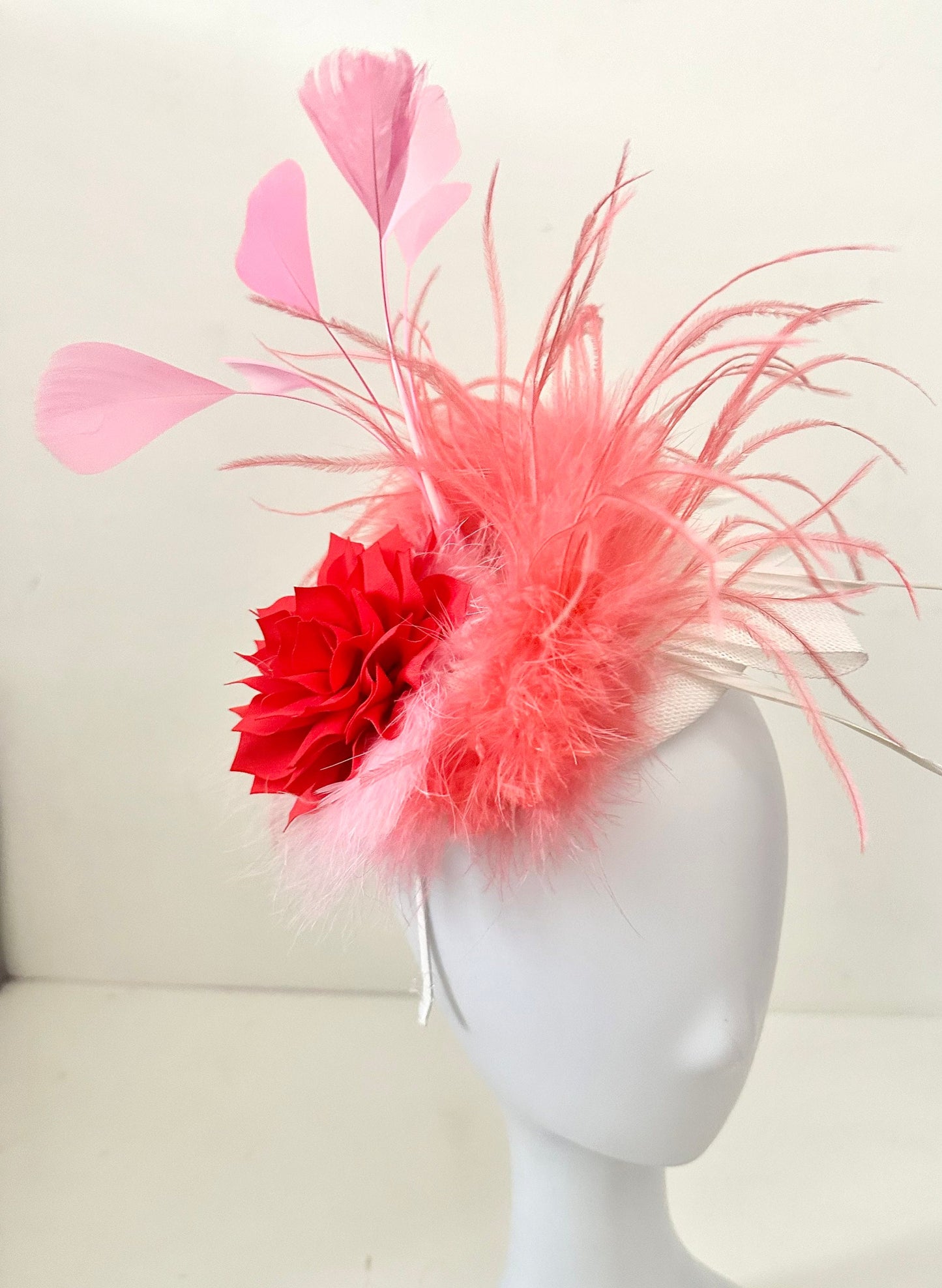 Pink Coral White Derby Fascinate Hat, Bright Pink Coral Derby Hat Headband, Easter Parade Hat, Church Hat, Pink Coral Feather Derby Hat