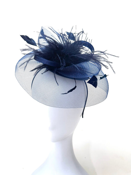 Navy Crinoline Hat, Kentucky Derby Fascinator Hat, Wedding Fascinator, Mother of the Bride Blue Wedding Church Hat, Navy Fascinator Hat