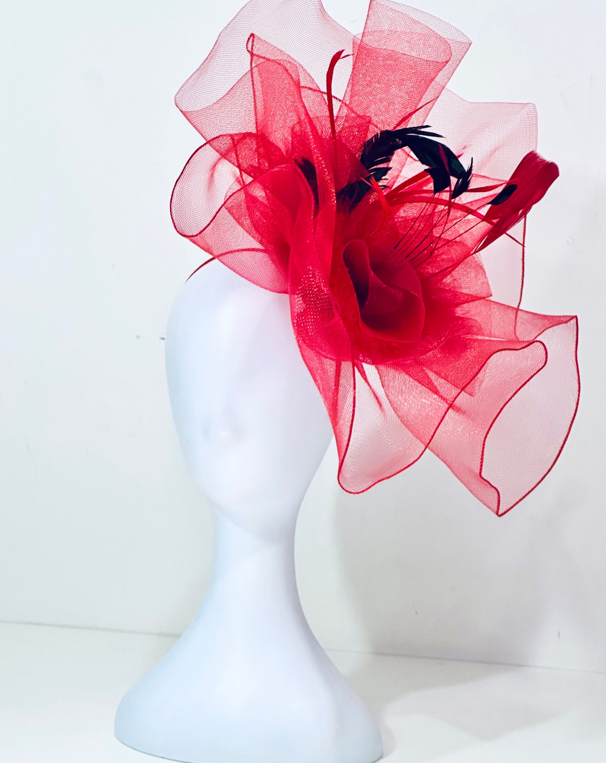 Red Fascinator Hat, Big Derby Feather Hat, Red Black Hat, Church Hat, Red Derby Hat, Big Brim Derby Hat