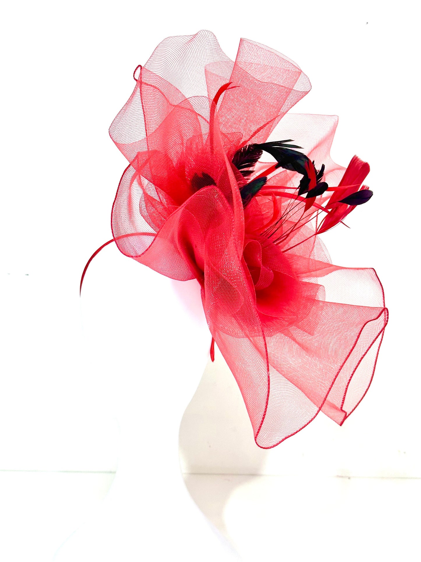 Red Fascinator Hat, Big Derby Feather Hat, Red Black Hat, Church Hat, Red Derby Hat, Big Brim Derby Hat