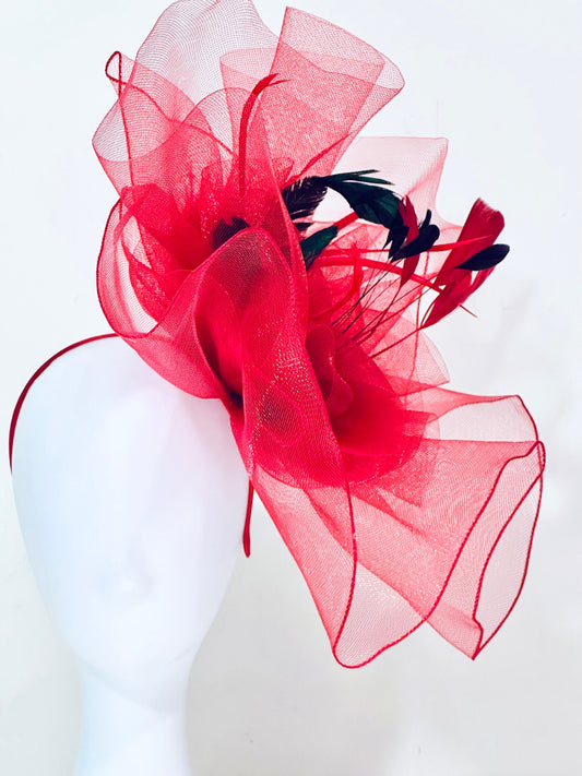 Red Fascinator Hat, Big Derby Feather Hat, Red Black Hat, Church Hat, Red Derby Hat, Big Brim Derby Hat