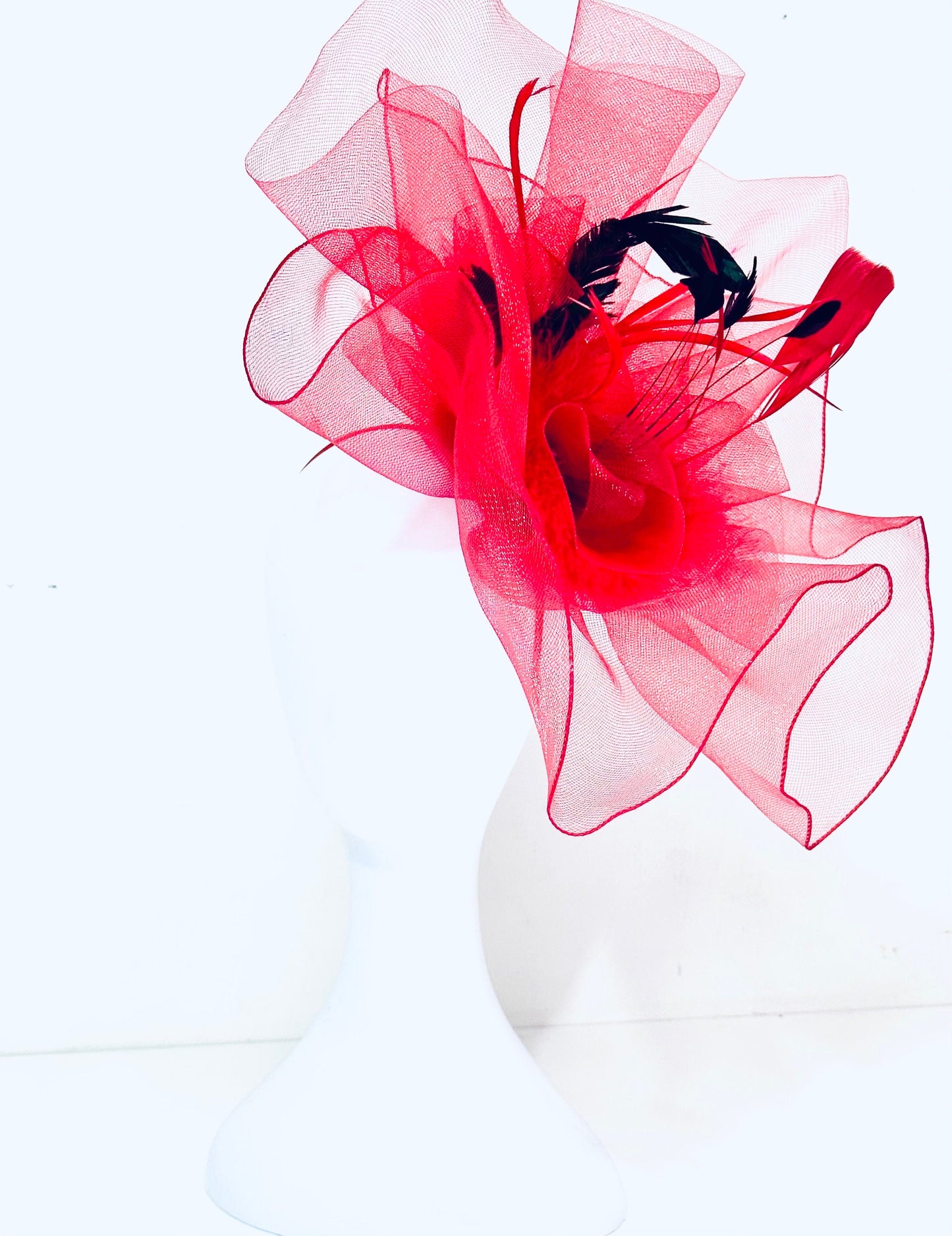 Red Fascinator Hat, Big Derby Feather Hat, Red Black Hat, Church Hat, Red Derby Hat, Big Brim Derby Hat