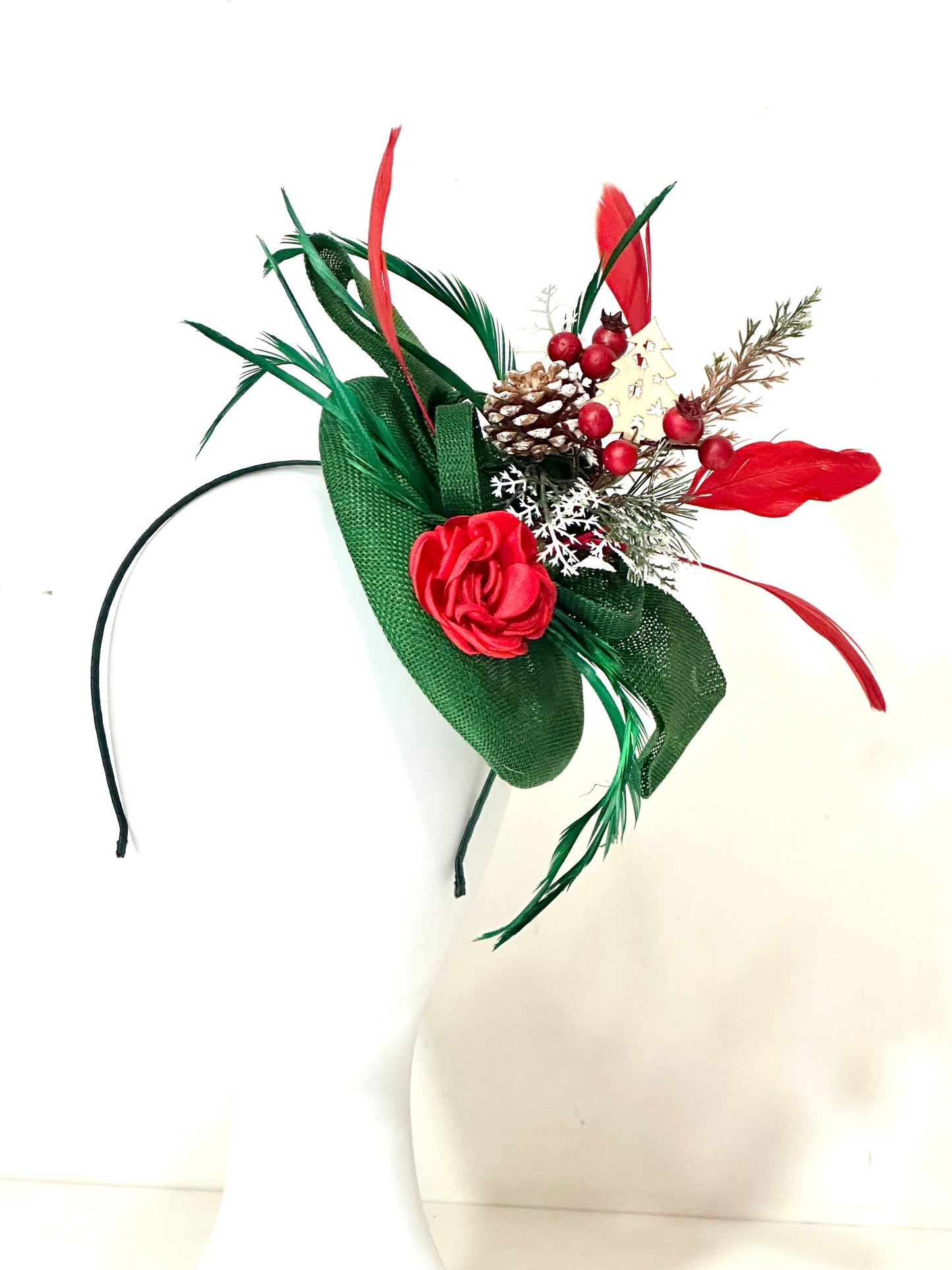 Christmas Fascinator Headband, Green Red Christmas Headband,Holly Headband, Red Fascinate Headband,Christmas Wedding, Free Priority Shipping