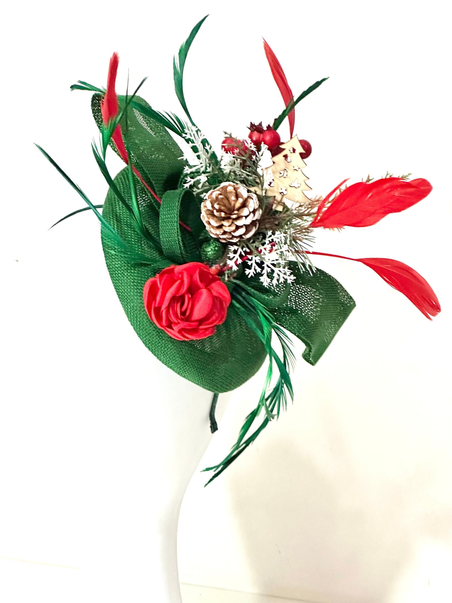 Christmas Fascinator Hat, Green Christmas Headband, Red Christmas Snowflake Fascinator Hat Headband