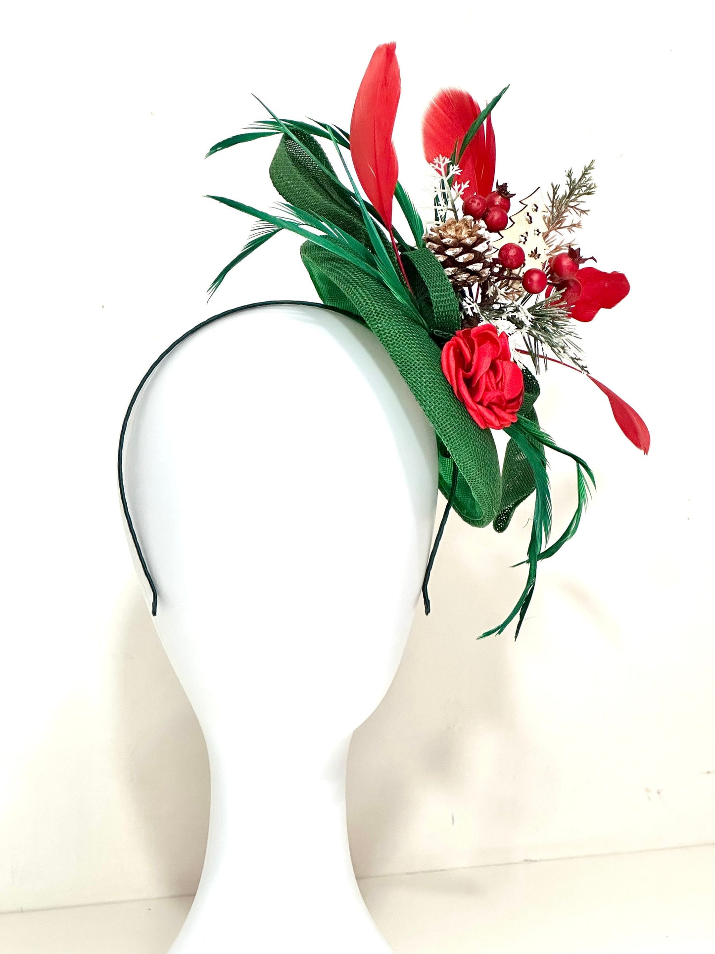 Christmas Fascinator Headband, Green Red Christmas Headband,Holly Headband, Red Fascinate Headband,Christmas Wedding, Free Priority Shipping