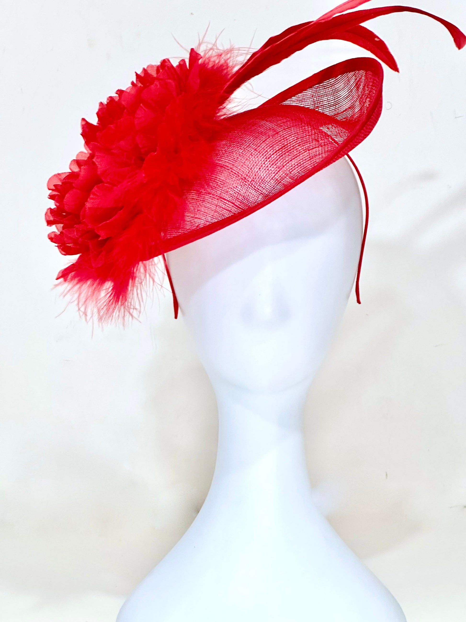 Red Fascinator Hat, Big Kentucky Derby Hat Fascinate, Big Brim Derby Hat, Church Hat, Red Feather Headband Hat, Red Feather Fascinate